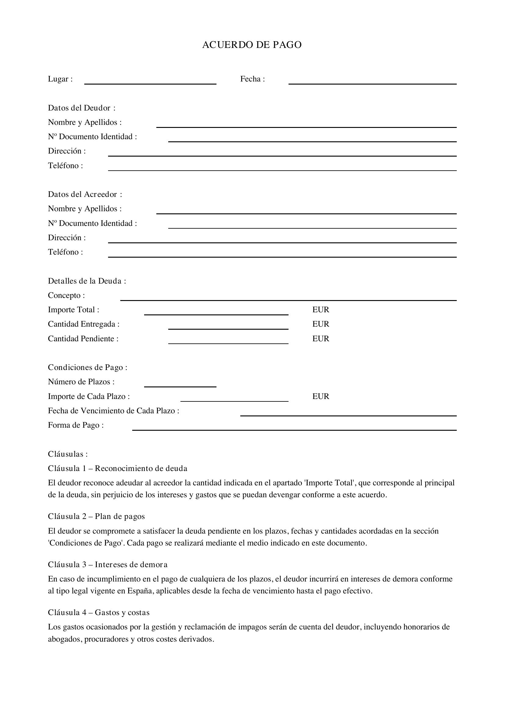 Acuerdo De Pago Modelo