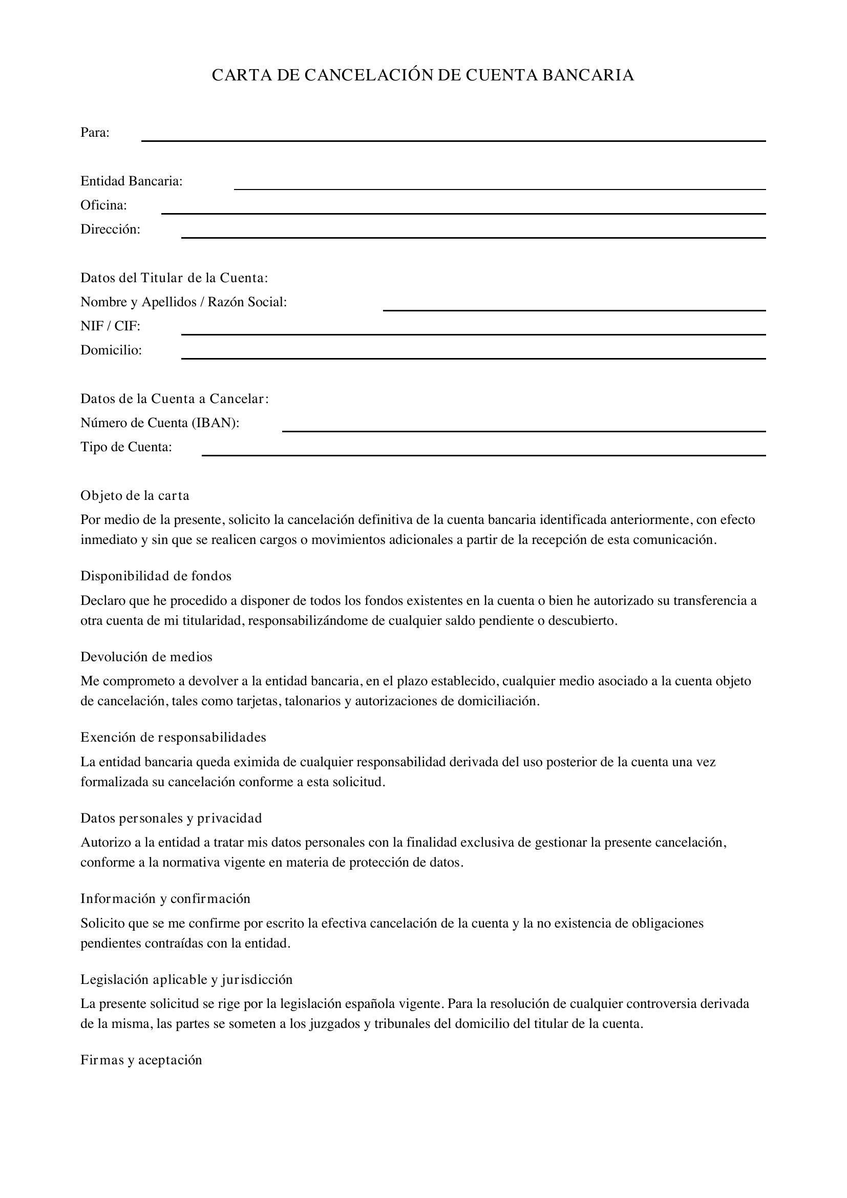 Carta De Cancelación De Cuenta Bancaria