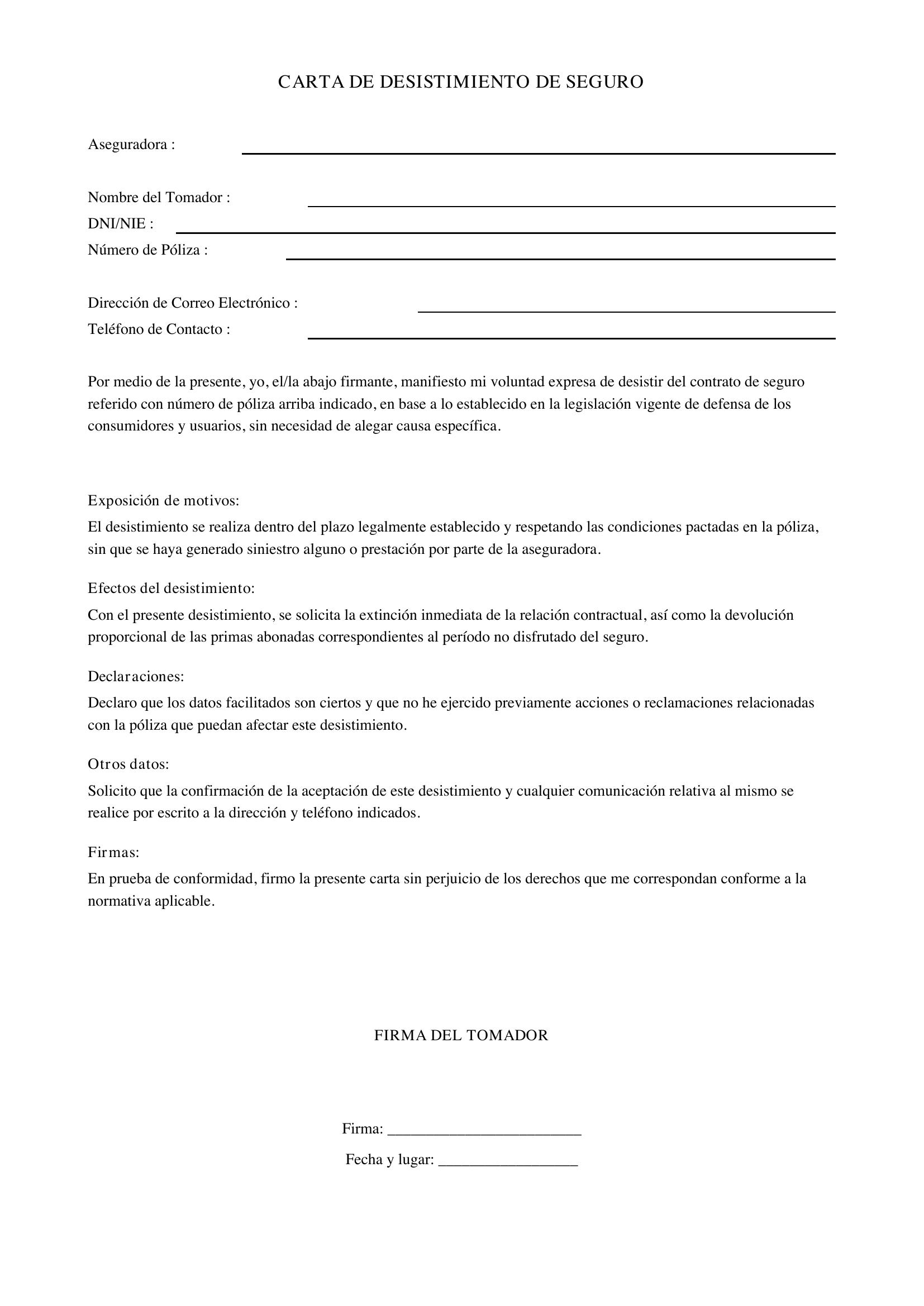 Carta De Desistimiento De Seguro