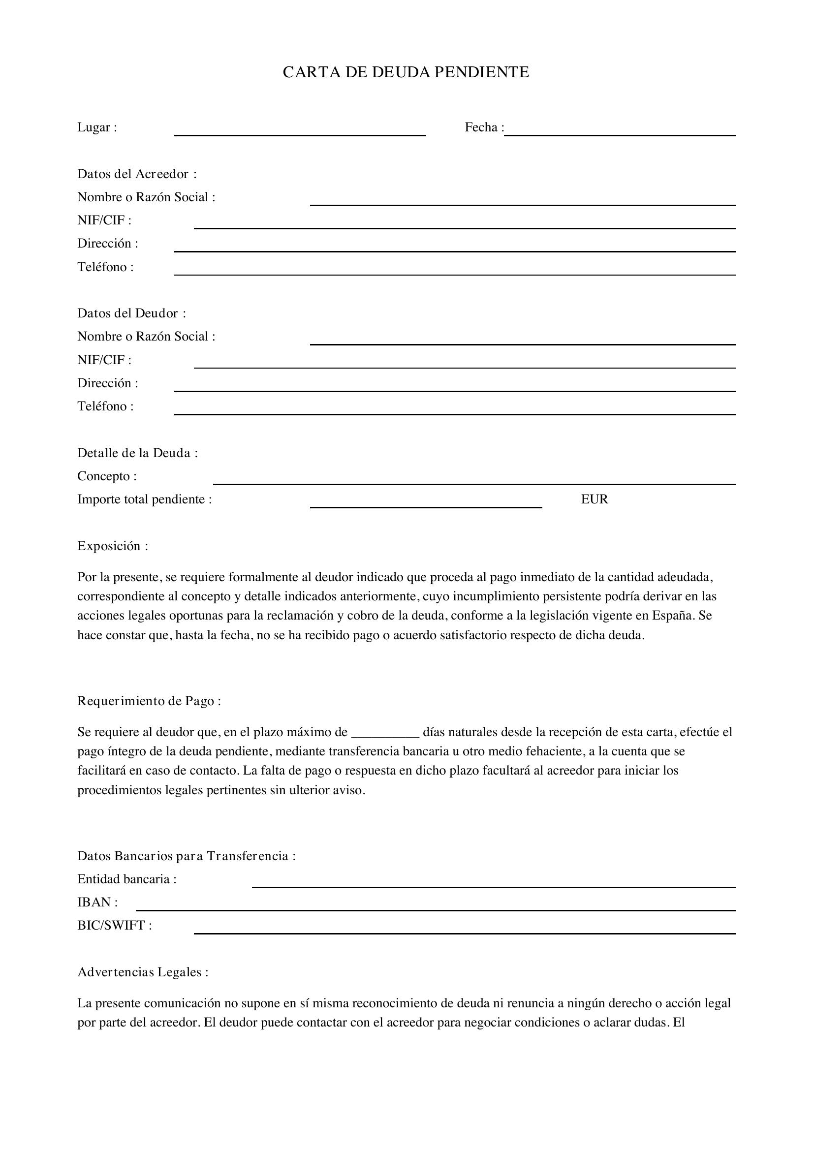 Carta De Deuda Pendiente