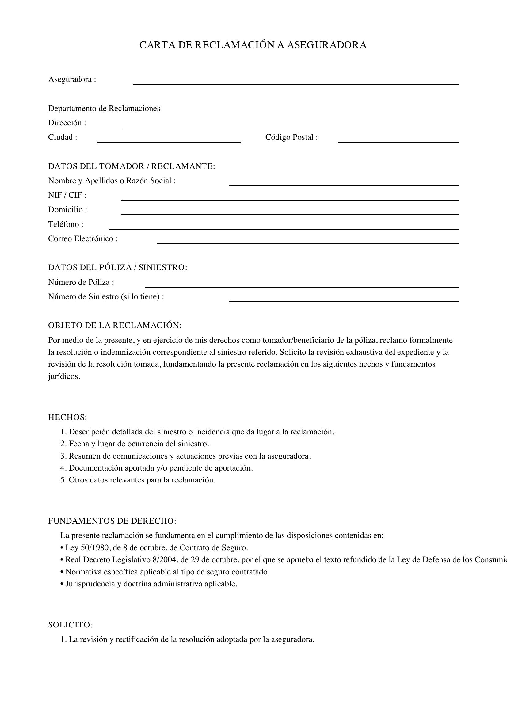 Carta De Reclamacion A Aseguradora
