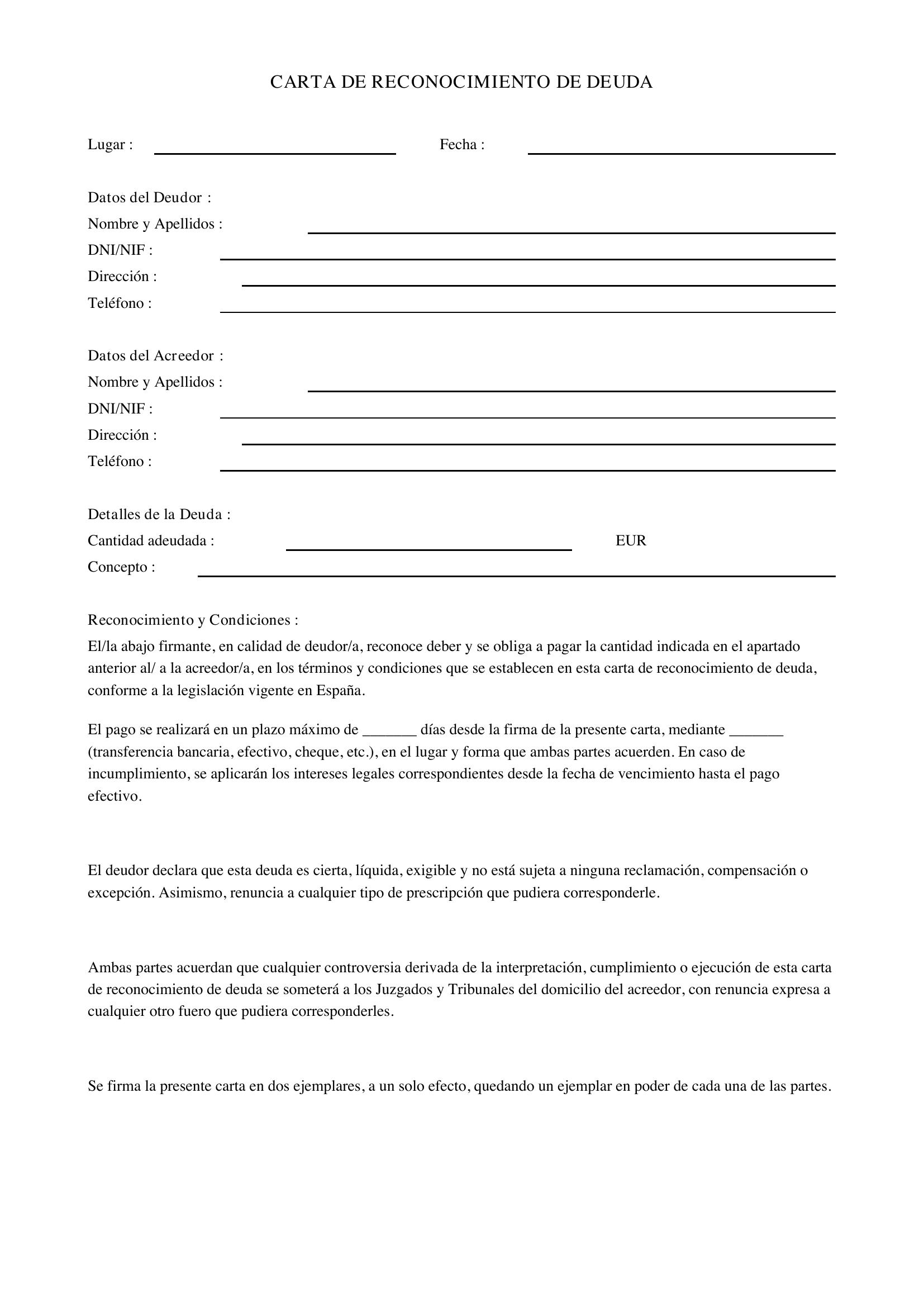 Carta De Reconocimiento De Deuda