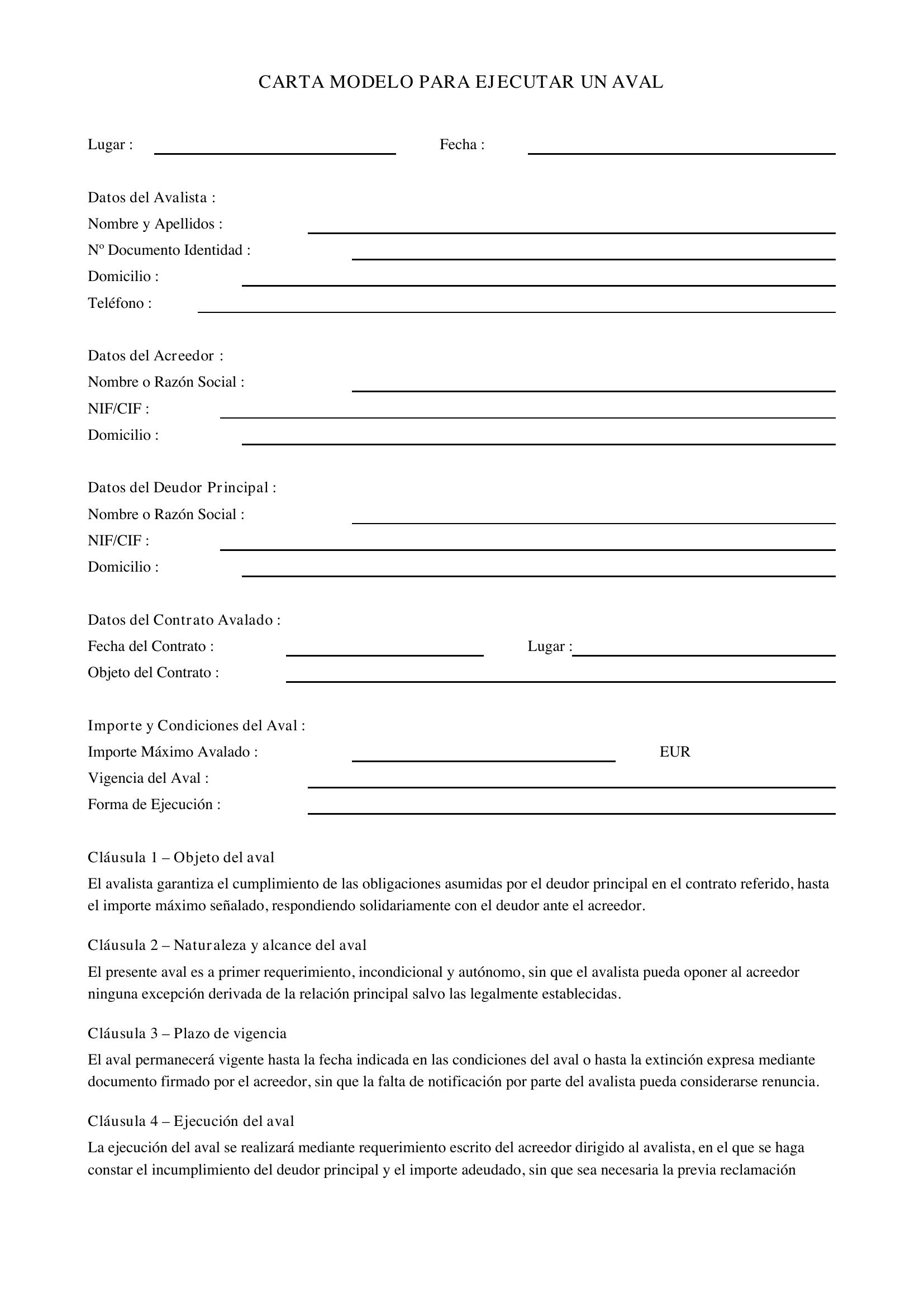 Carta Modelo Para Ejecutar Un Aval