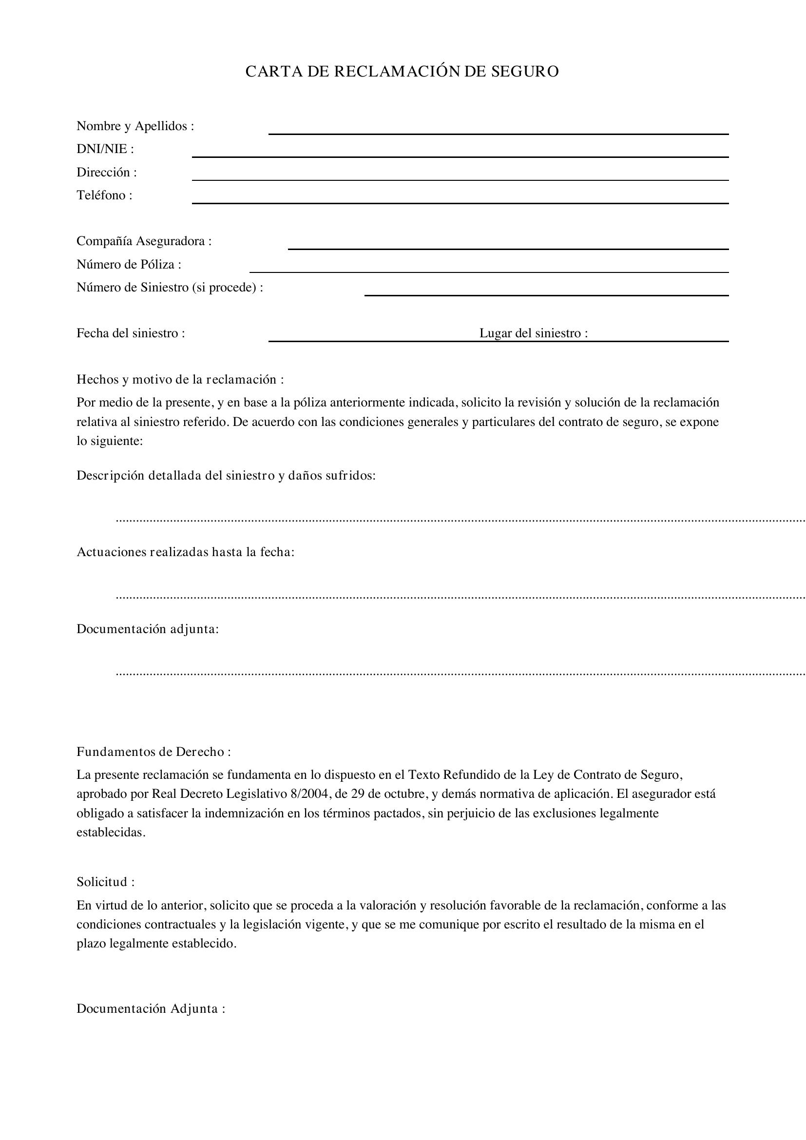 Carta Reclamación Seguro