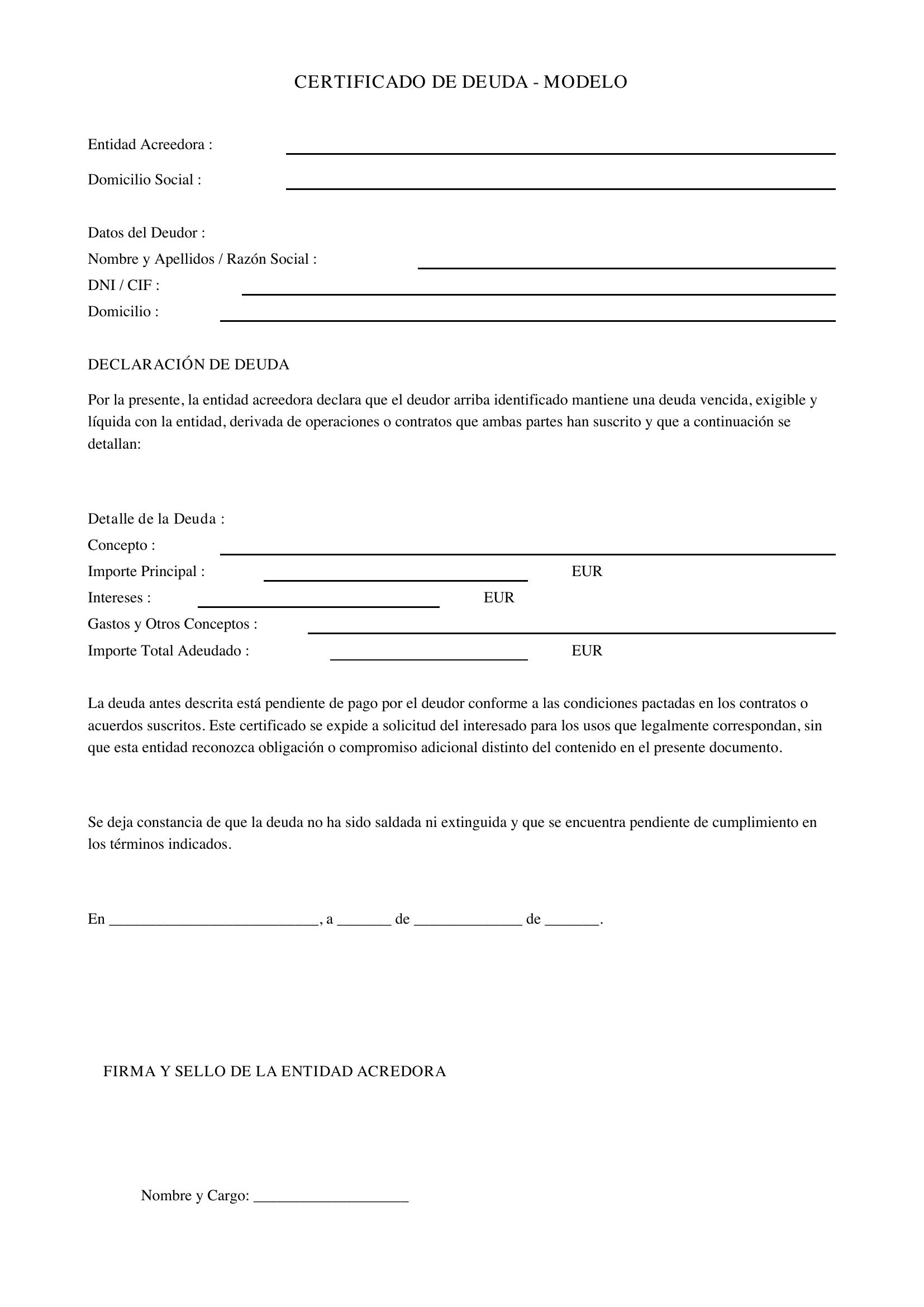 Certificado De Deuda - Modelo