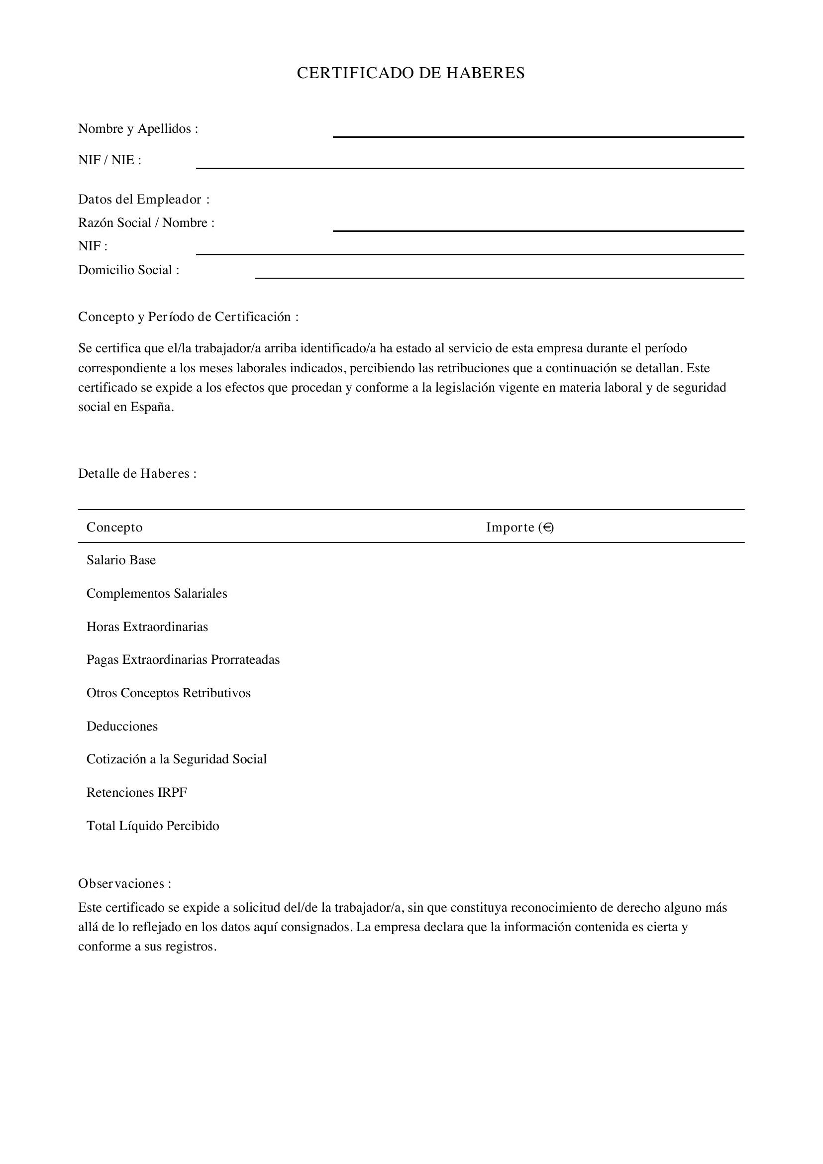 Certificado De Haberes