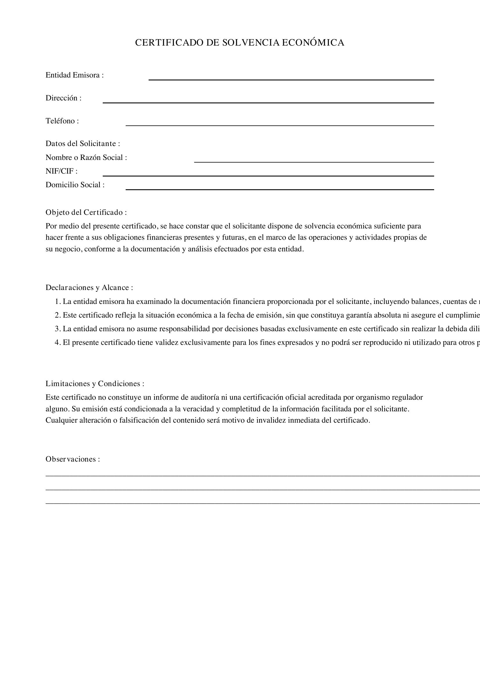 Certificado Solvencia Económica Modelo