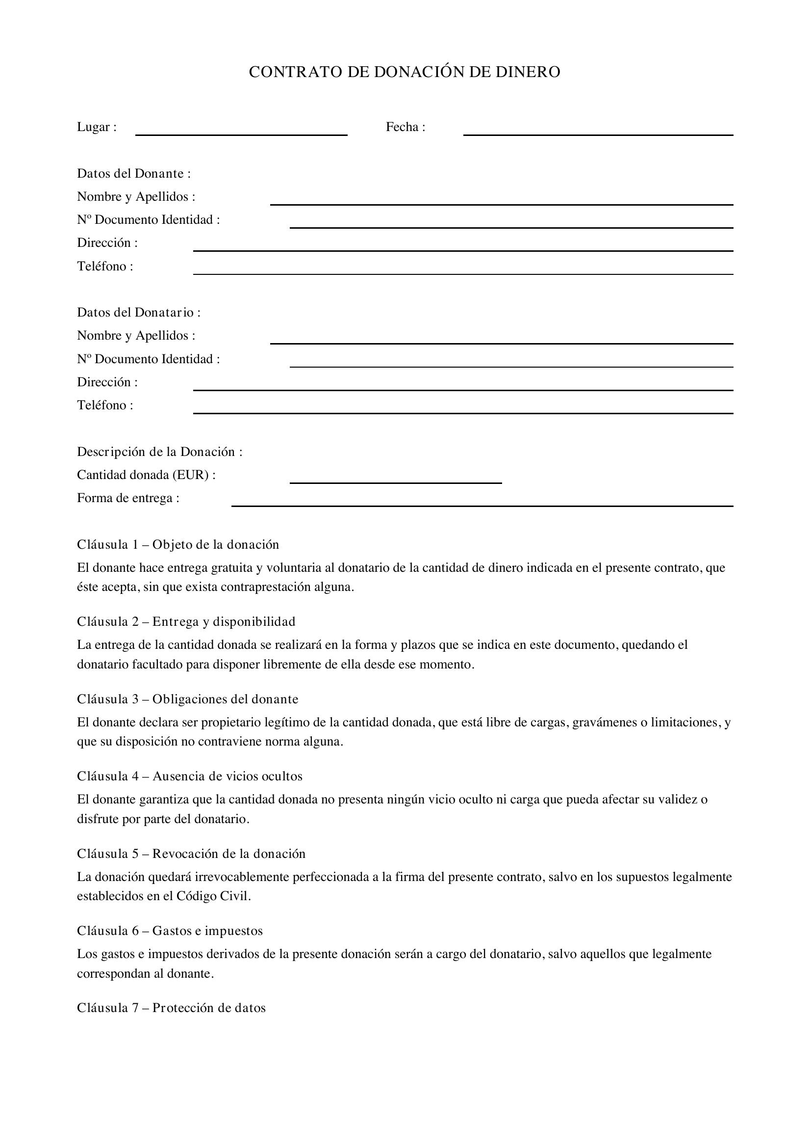 Contrato De Donación De Dinero