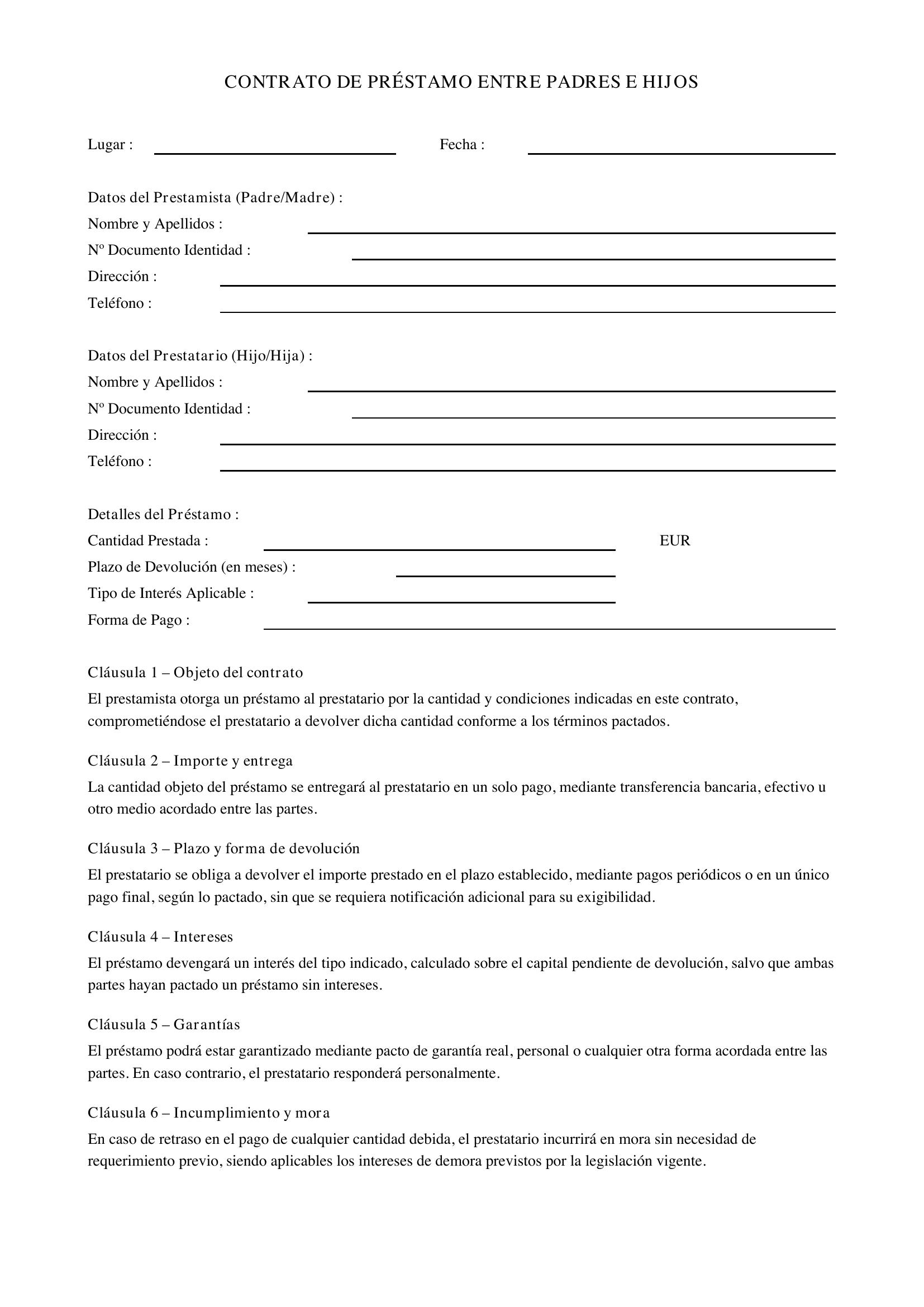 Contrato Prestamo Padres A Hijos Modelo