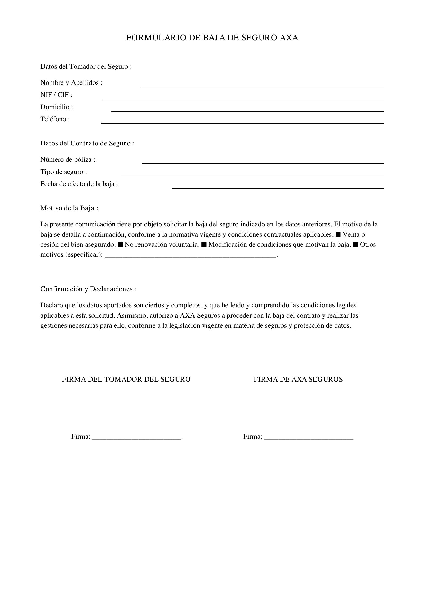 Formulario Baja Seguro Axa