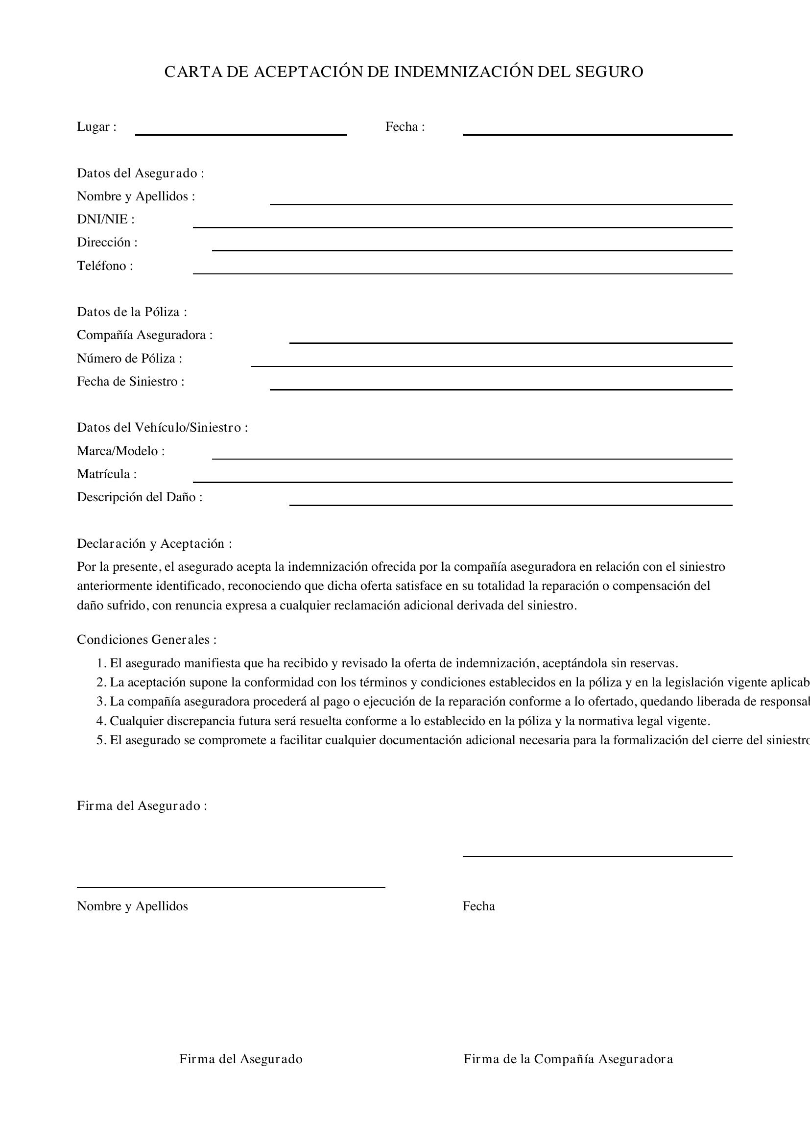 Modelo Carta Aceptación Indemnización Seguro