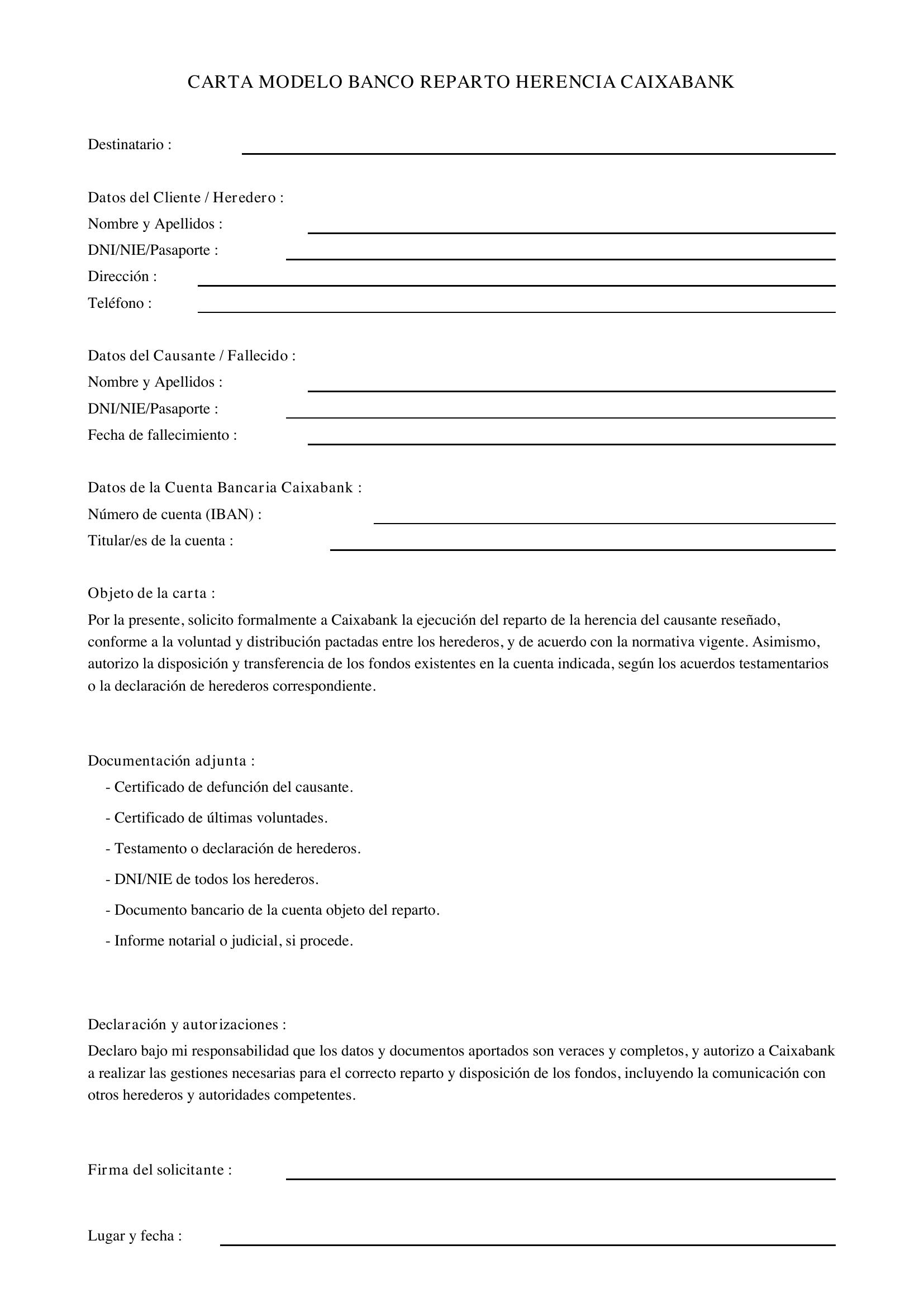 Modelo Carta Banco Reparto Herencia Caixabank