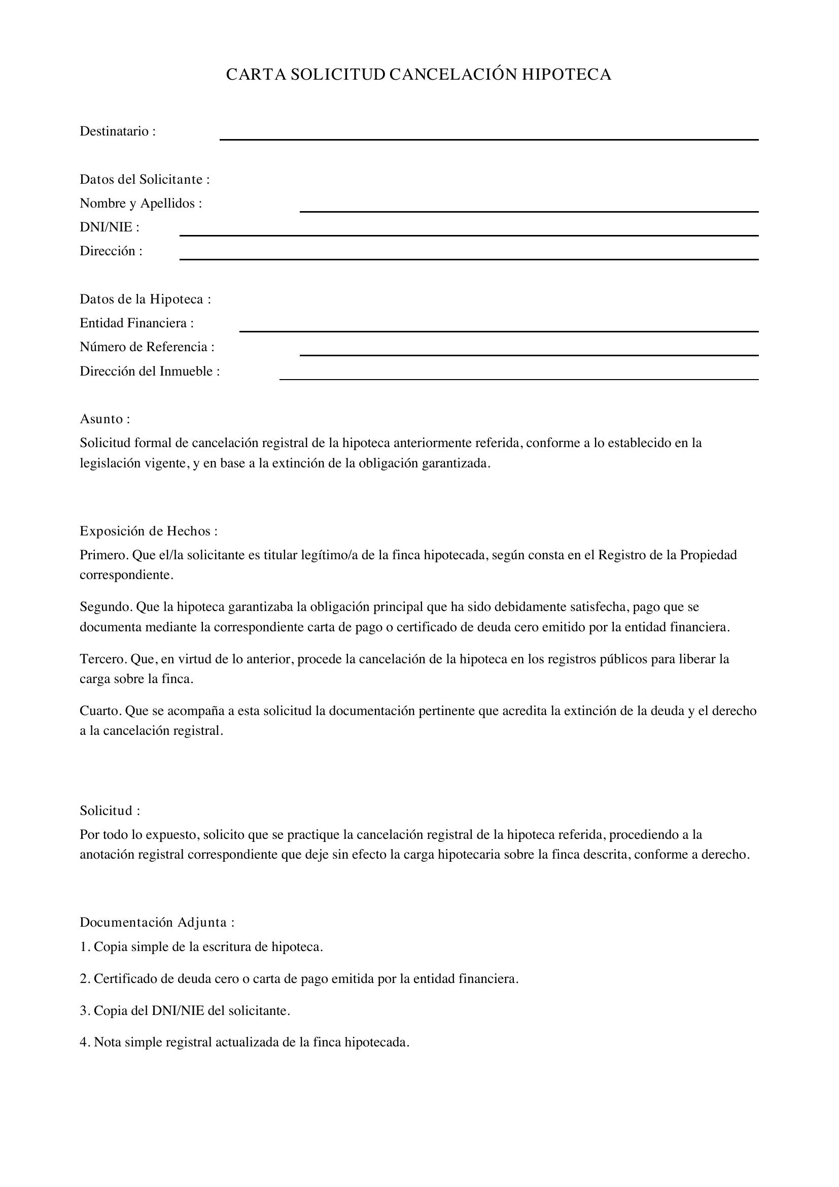 Modelo Carta Solicitud Cancelación Hipoteca