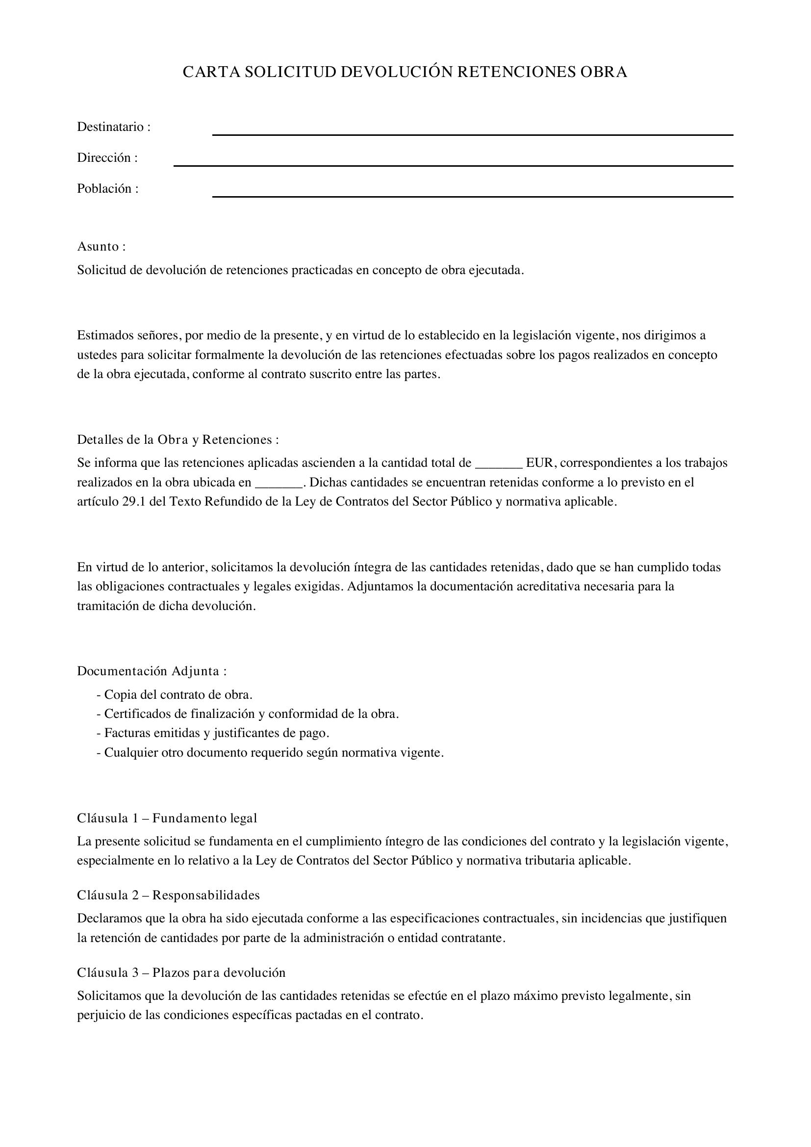Modelo Carta Solicitud Devolución Retenciones Obra