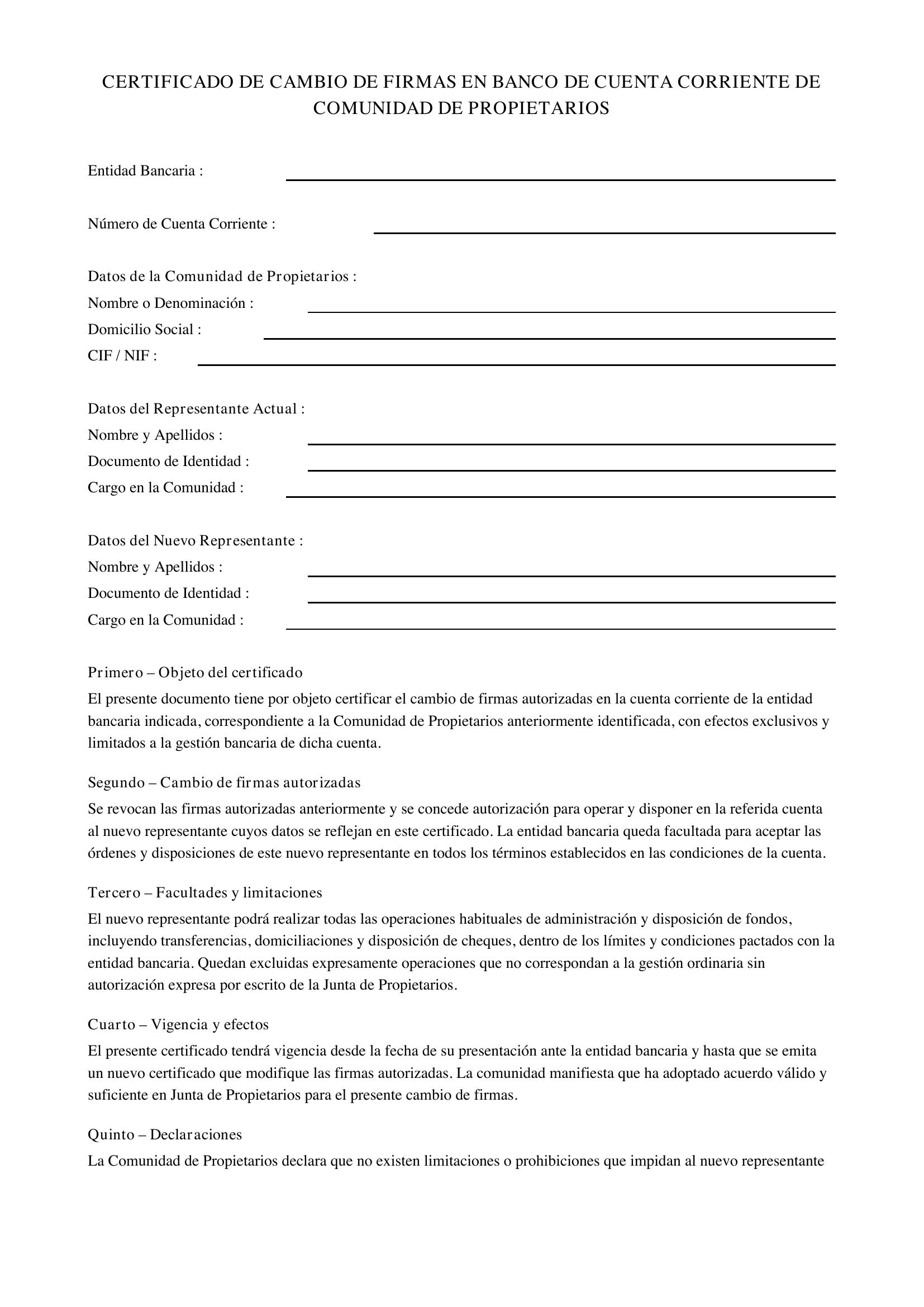 Modelo Certificado Cambio De Firmas En Banco Cuenta Corriente Comunidad Propietarios
