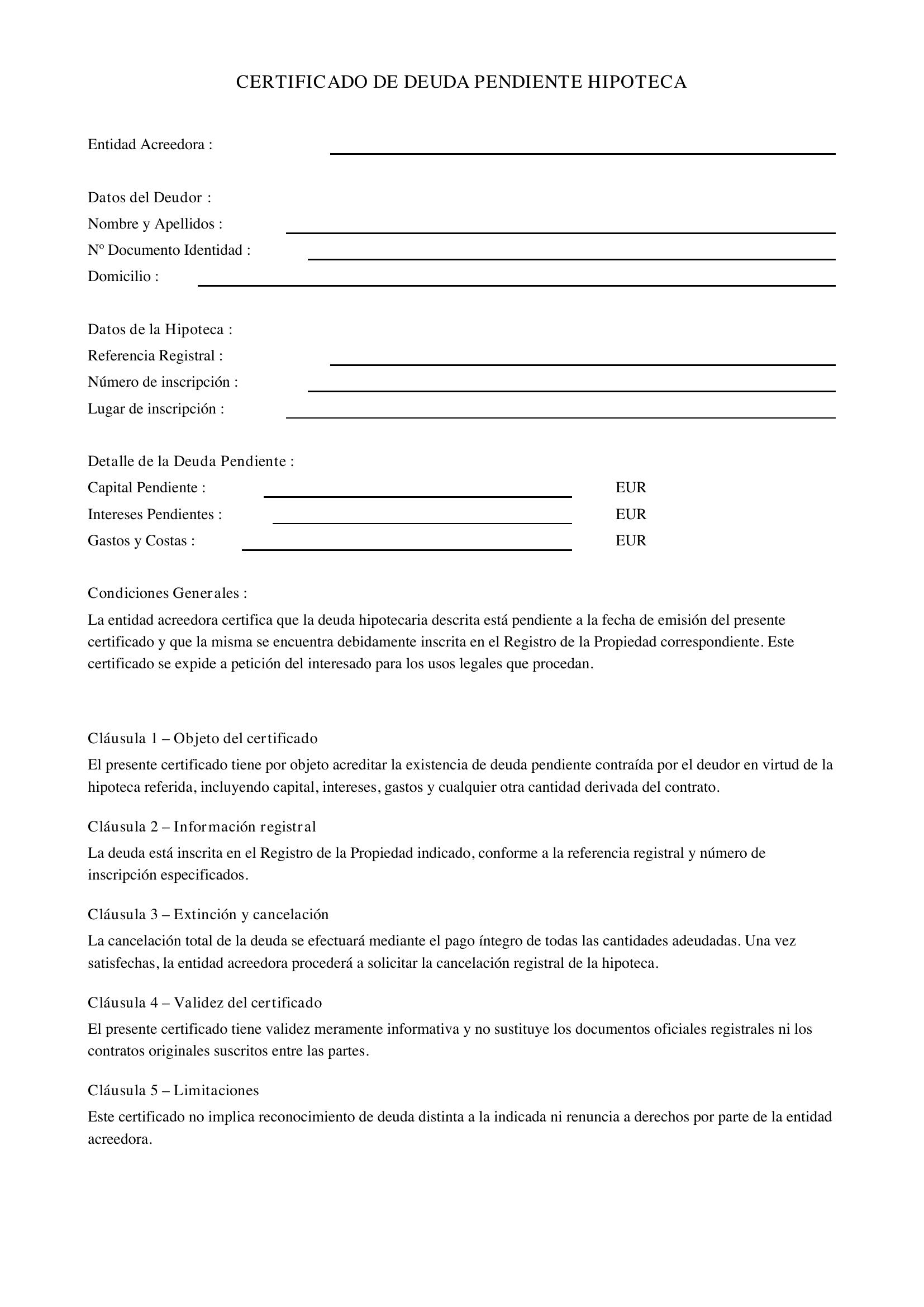 Modelo Certificado De Deuda Pendiente Hipoteca