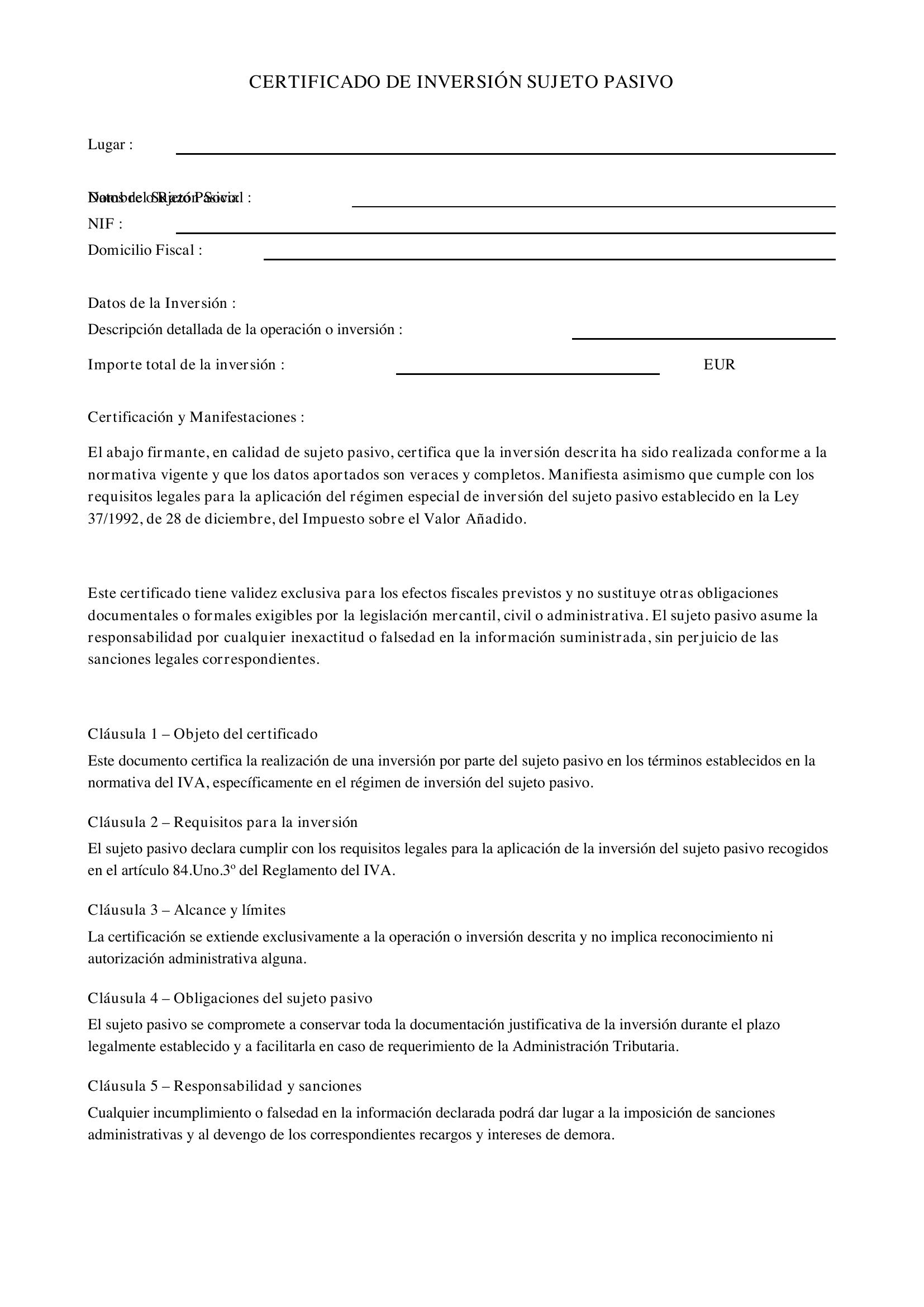Modelo Certificado Inversión Sujeto Pasivo