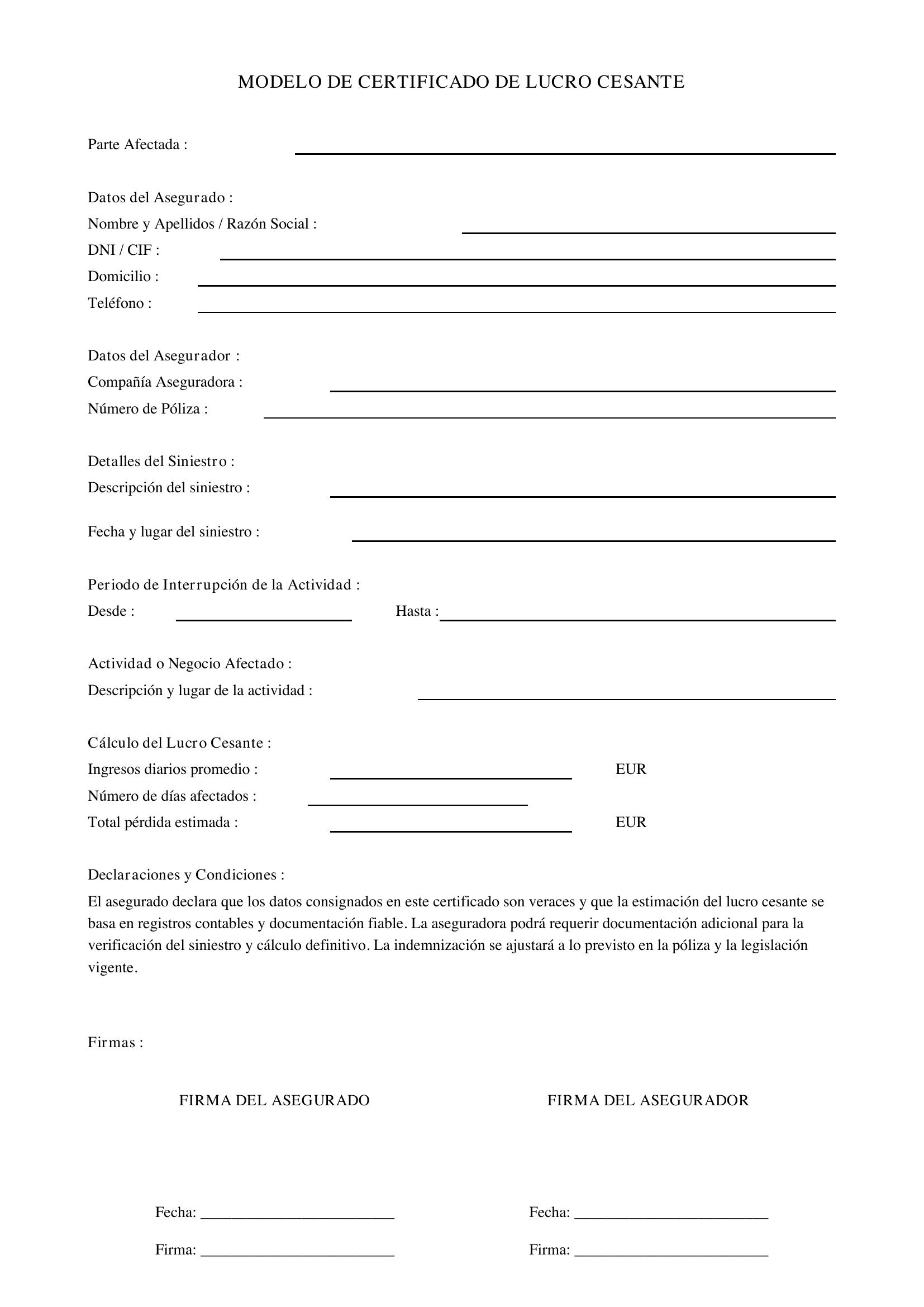 Modelo Certificado Lucro Cesante