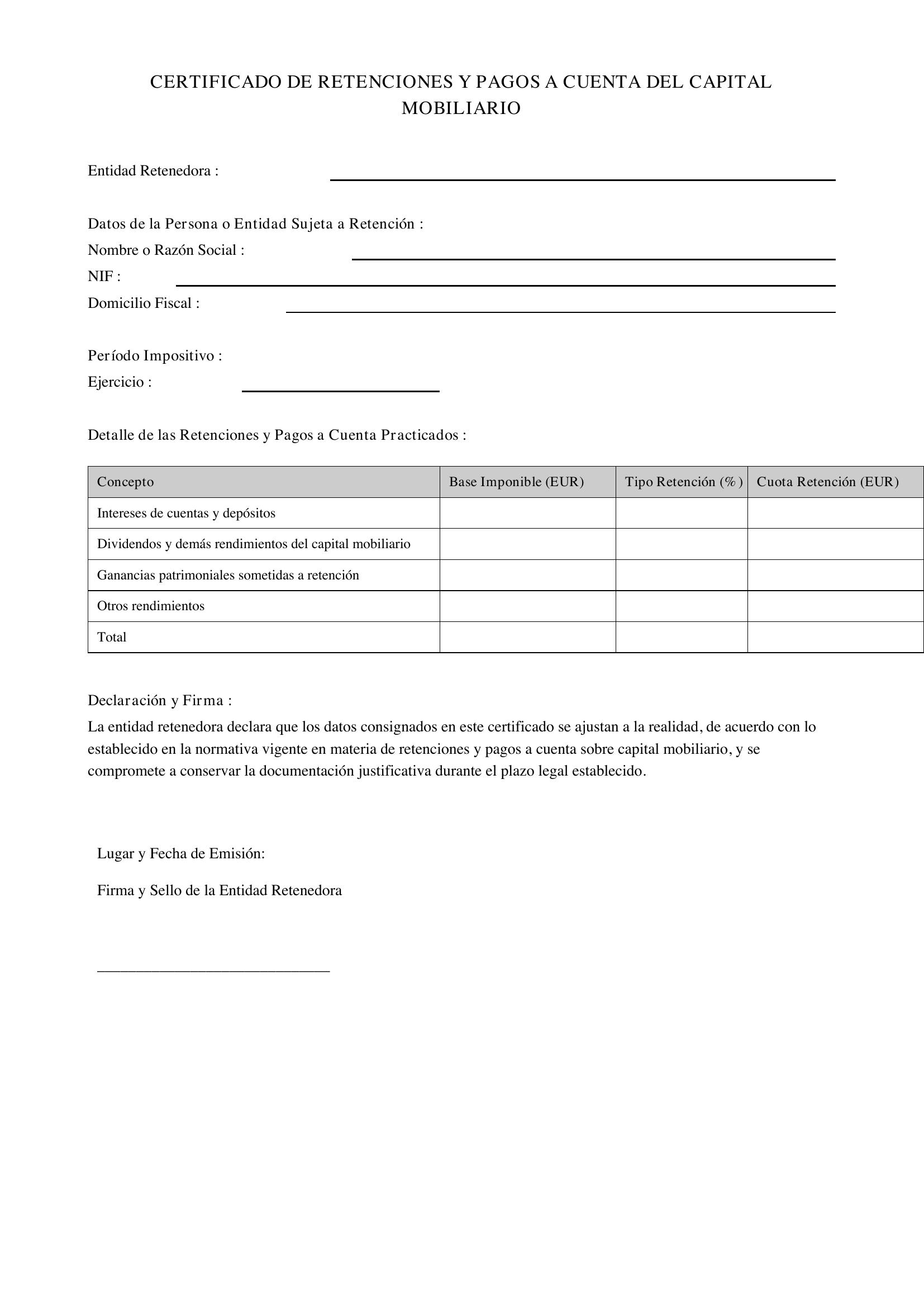 Modelo Certificado Retenciones Capital Mobiliario