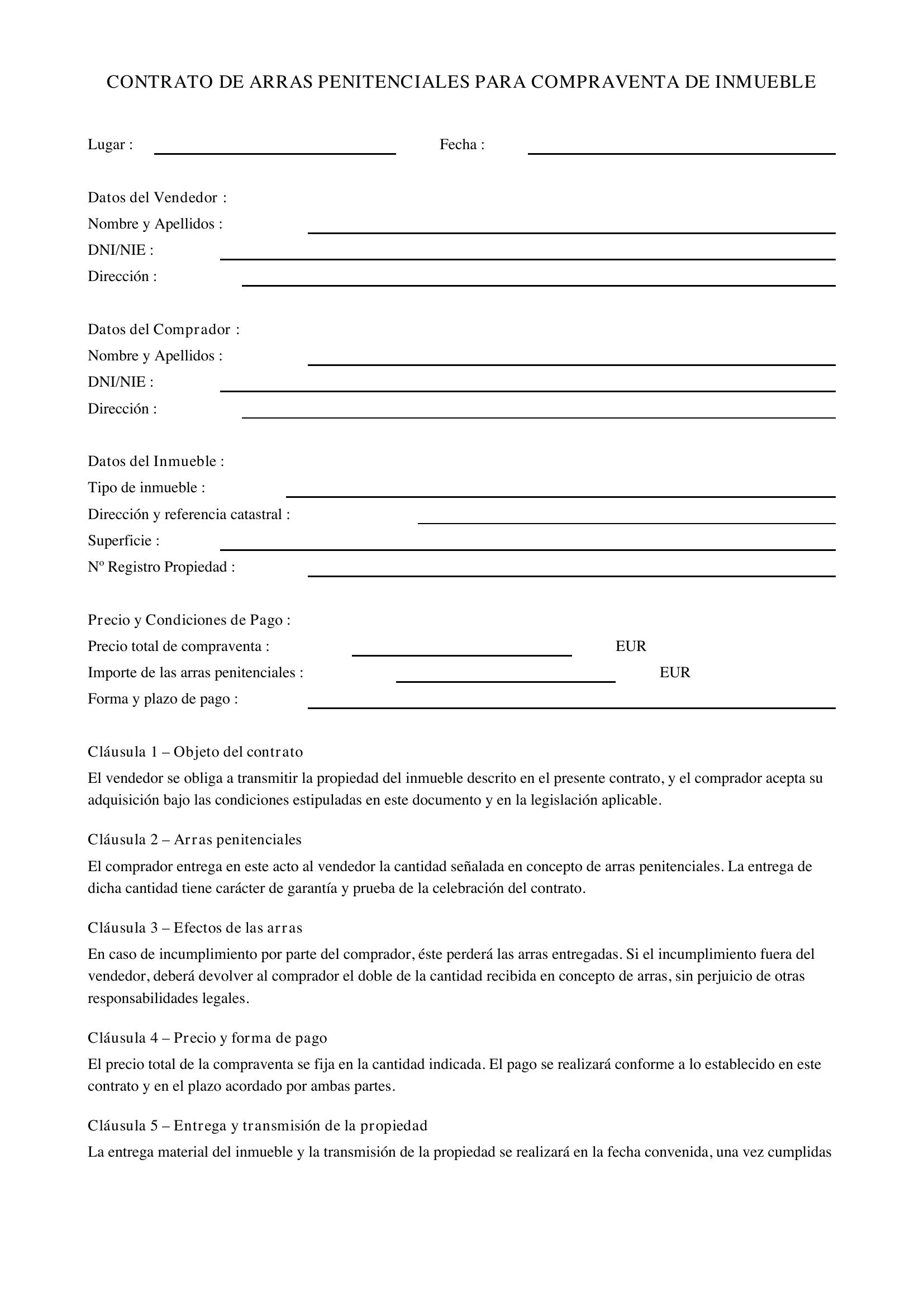 Modelo Contrato Arras Penitenciales Cataluña Hipoteca