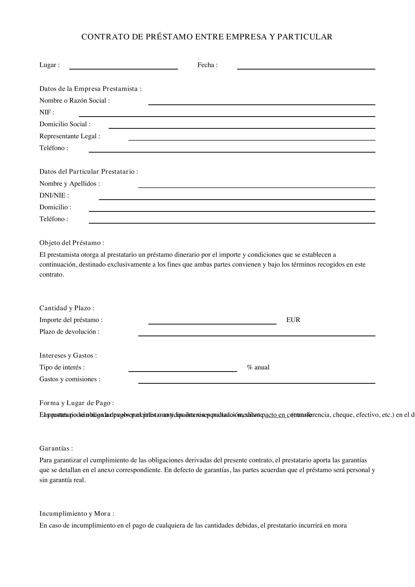 Modelo Contrato De Préstamo Entre Empresa Y Particular