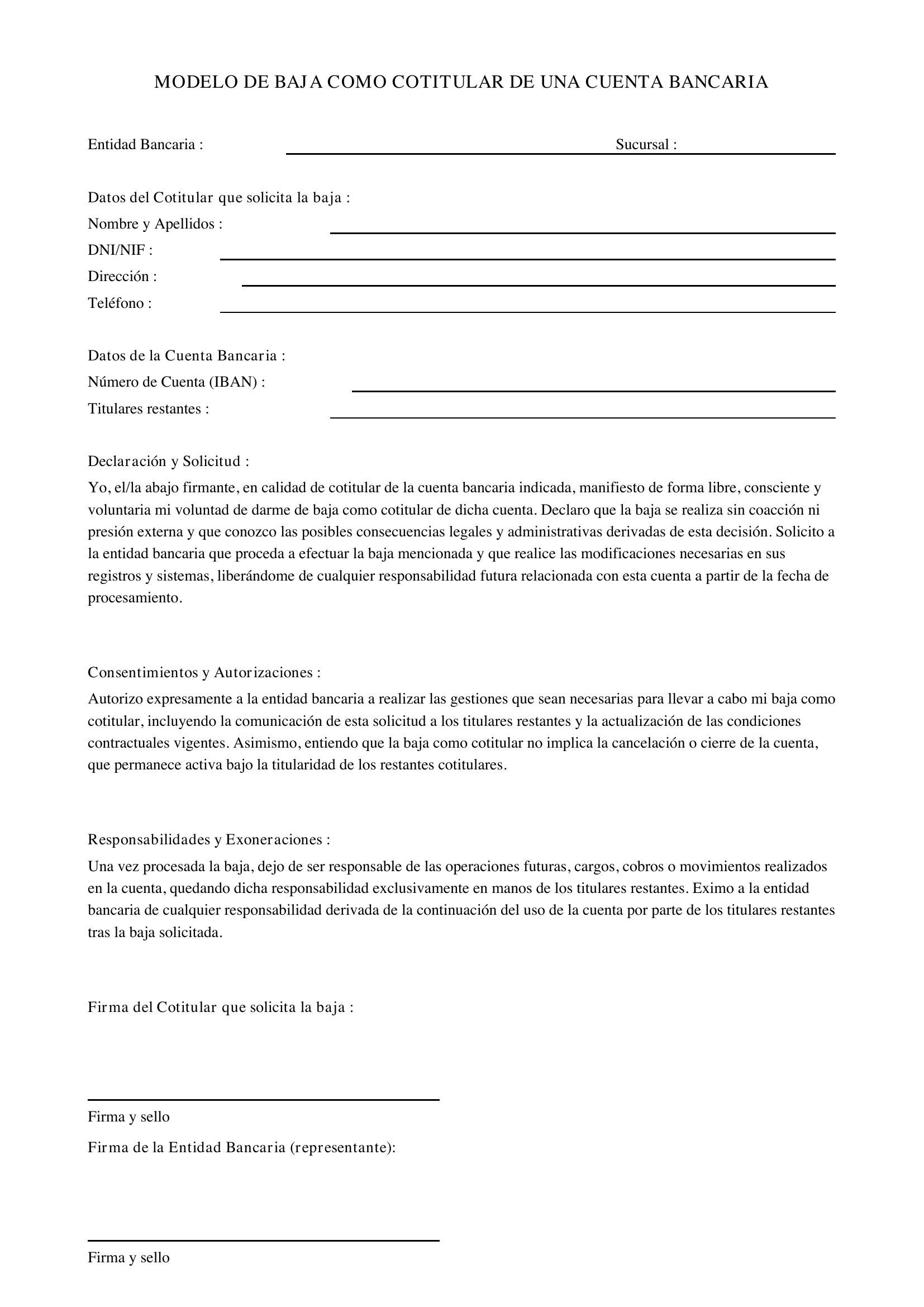 Modelo Darse De Baja Como Cotitular De Una Cuenta Bancaria