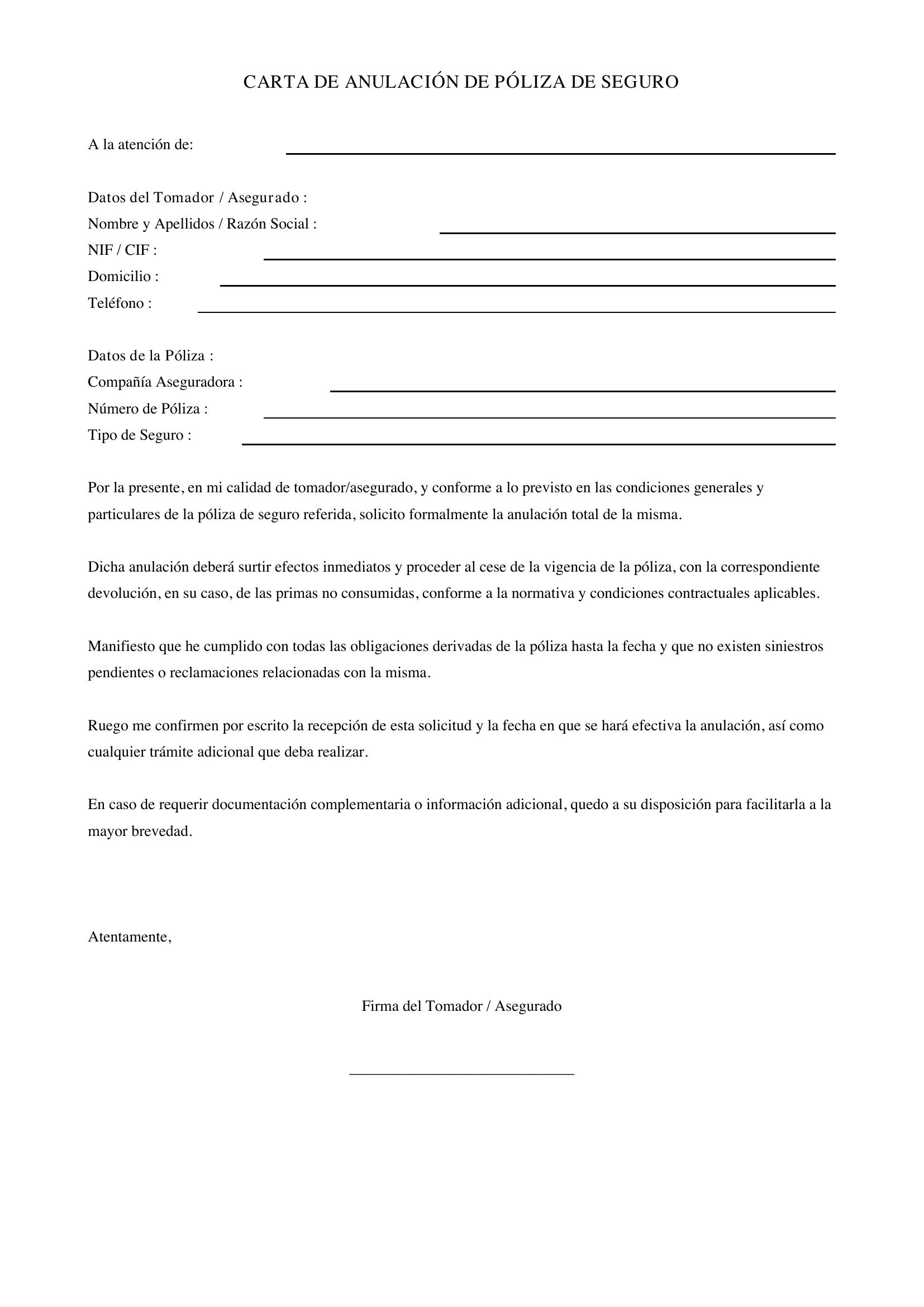 Modelo De Carta De Anulación De Póliza De Seguro