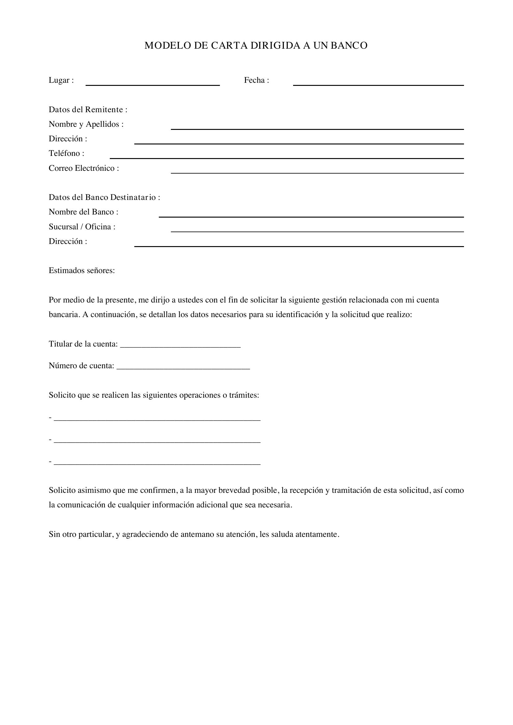 Modelo De Carta Dirigida A Un Banco