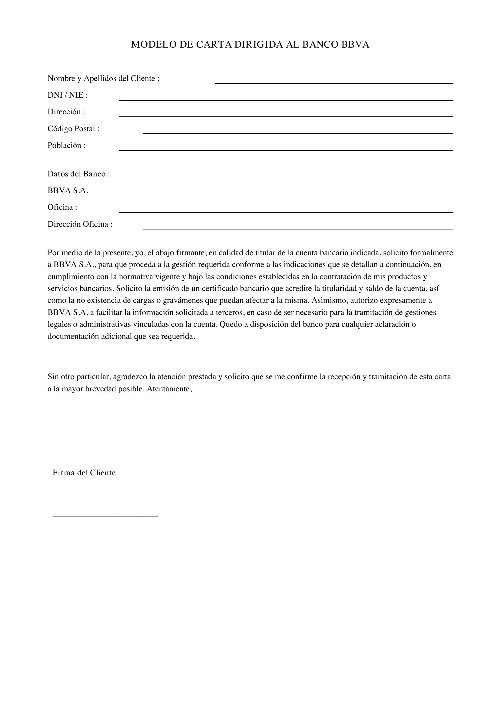 Modelo De Carta Dirigida Al Banco Bbva