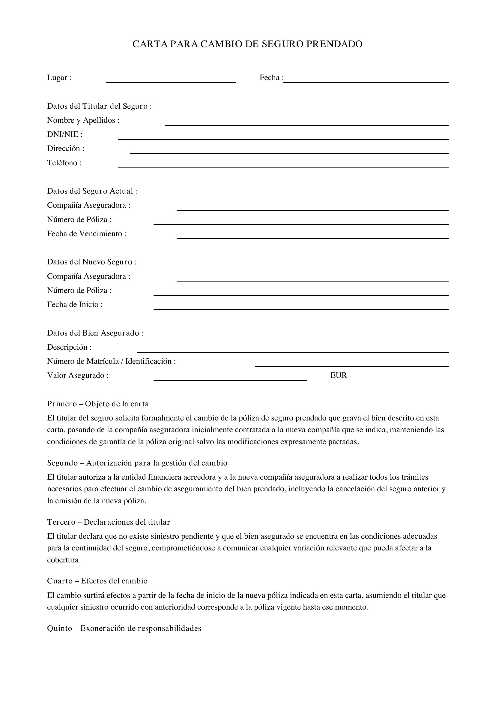 Modelo De Carta Para Cambio De Seguro Prendado