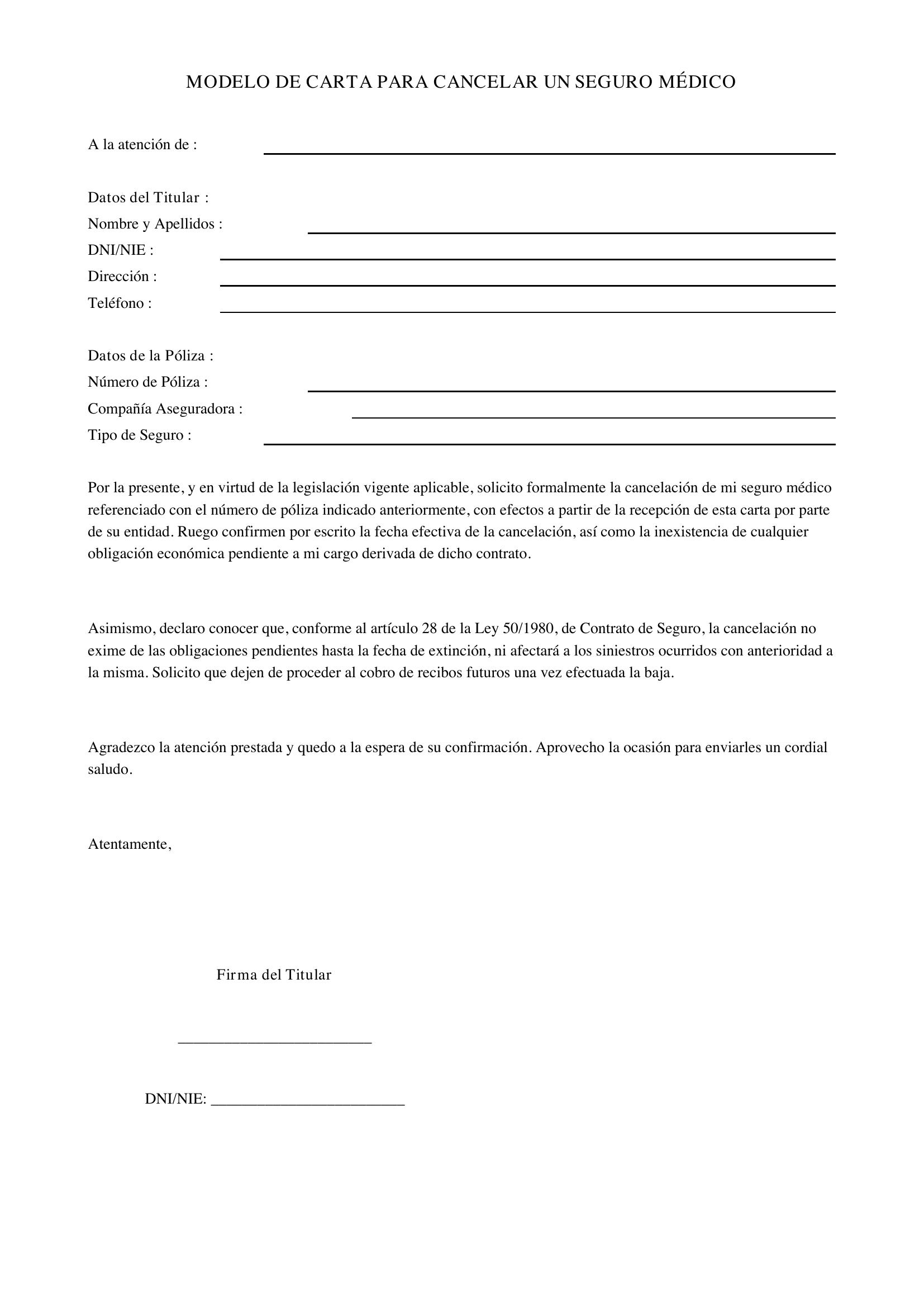 Modelo De Carta Para Cancelar Un Seguro Médico