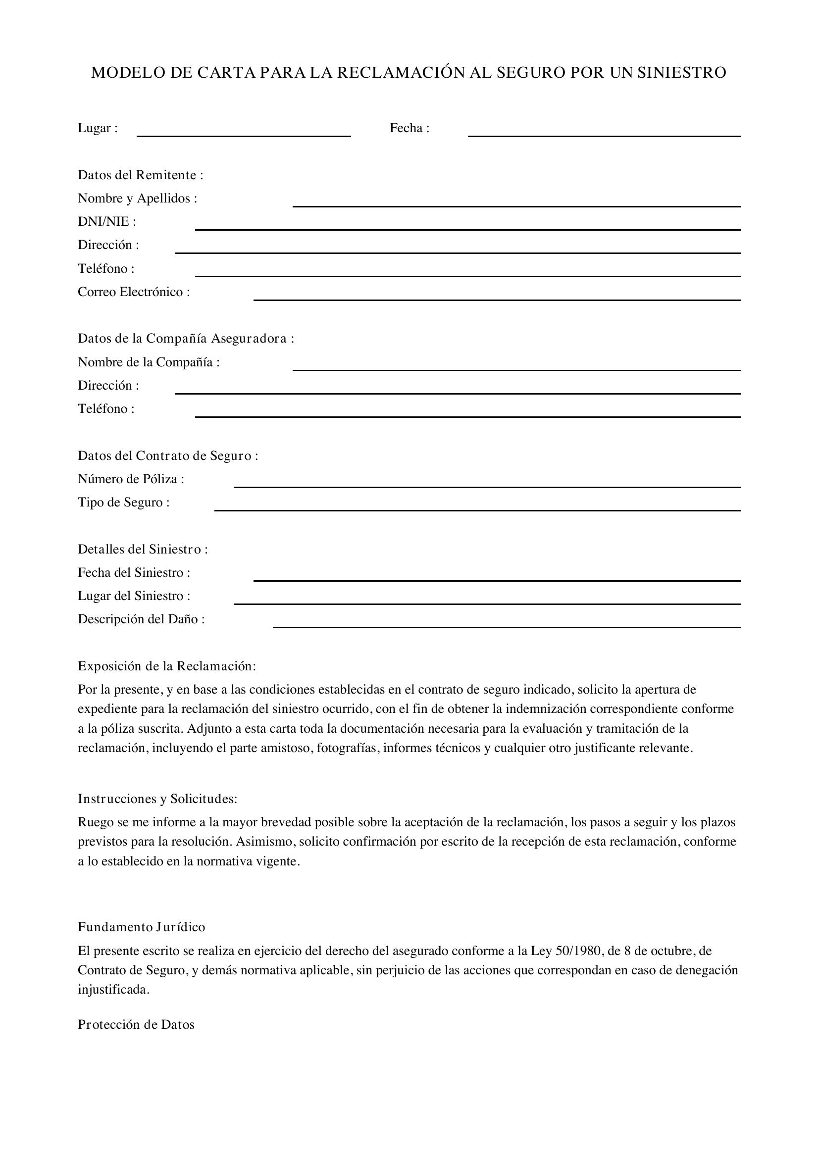 Modelo De Carta Para La Reclamación Al Seguro Por Un Siniestro