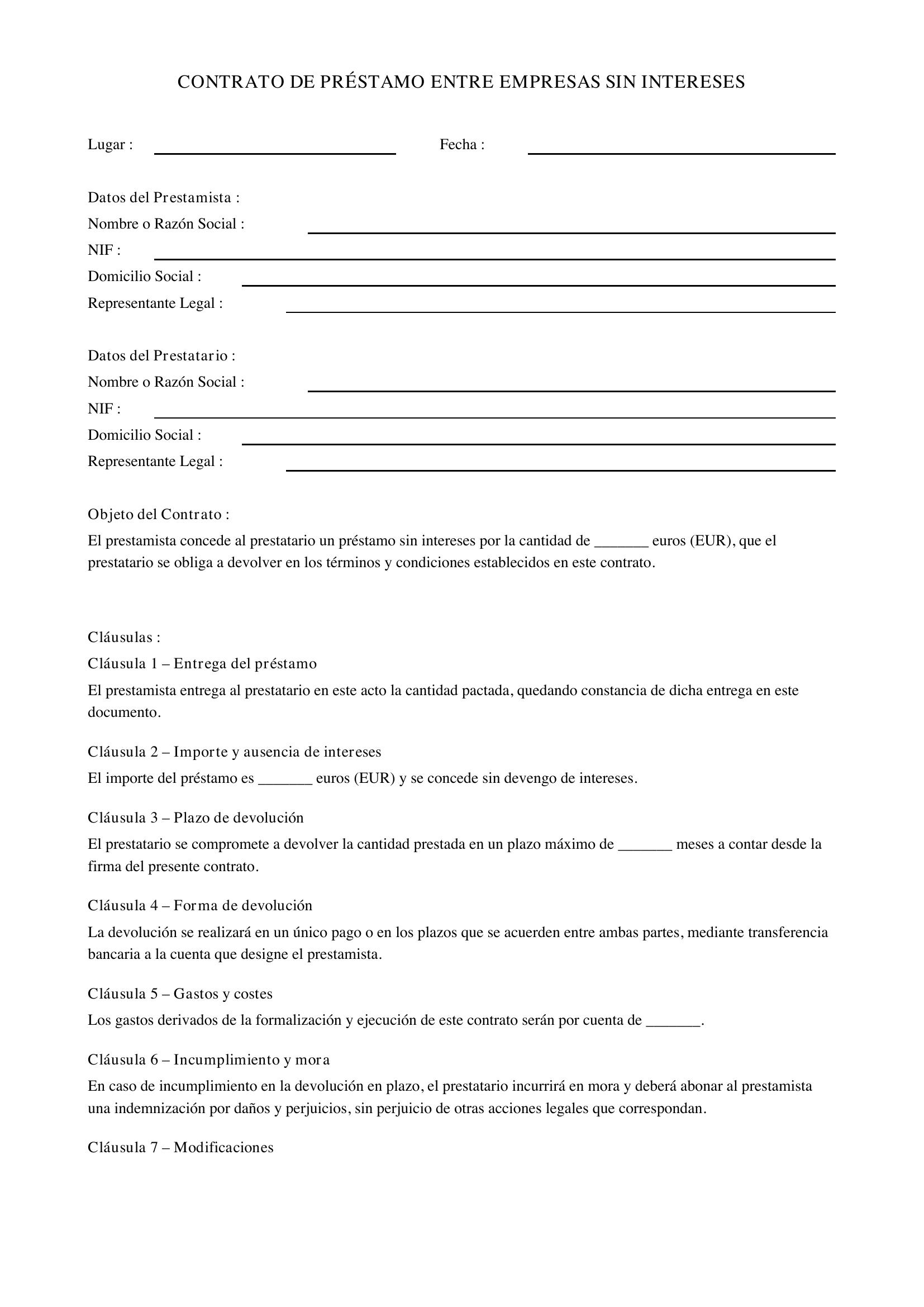 Modelo De Contrato De Préstamo Entre Empresas Sin Intereses