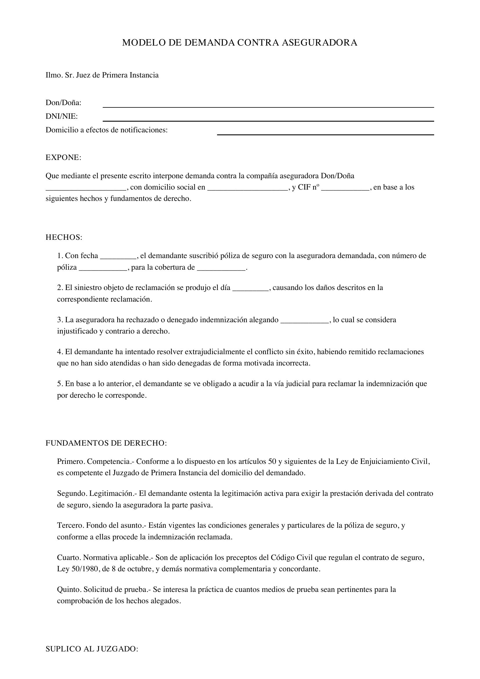 Modelo De Demanda Contra Aseguradora