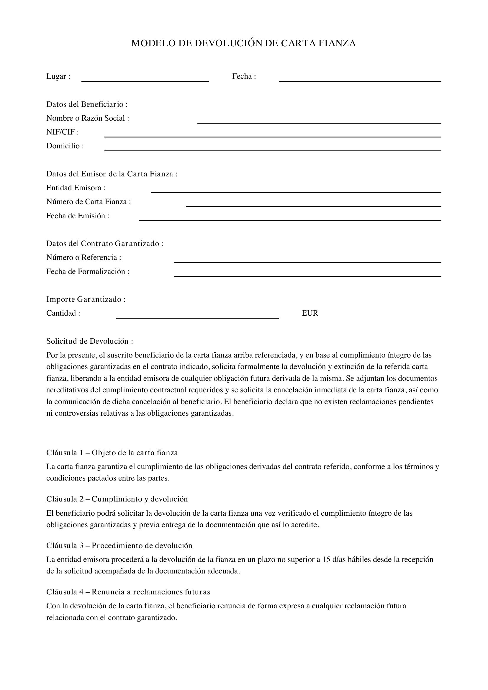 Modelo De Devolución De Carta Fianza