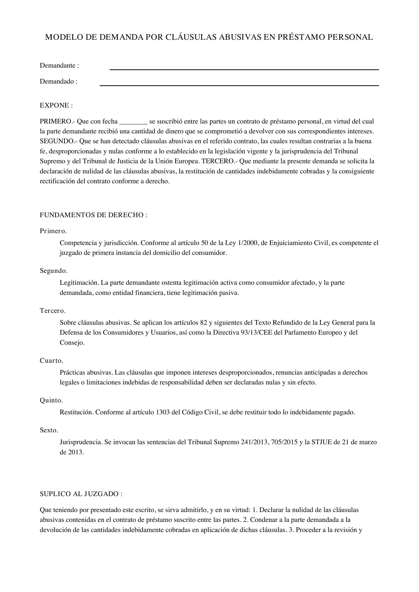 Modelo Demanda Cláusulas Abusivas Préstamo Personal