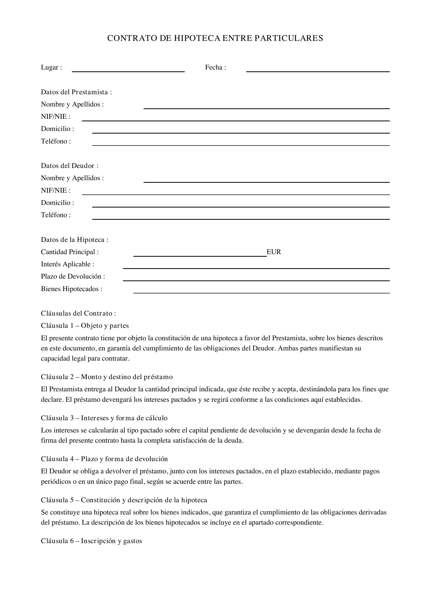 Modelo Hipoteca Entre Particulares