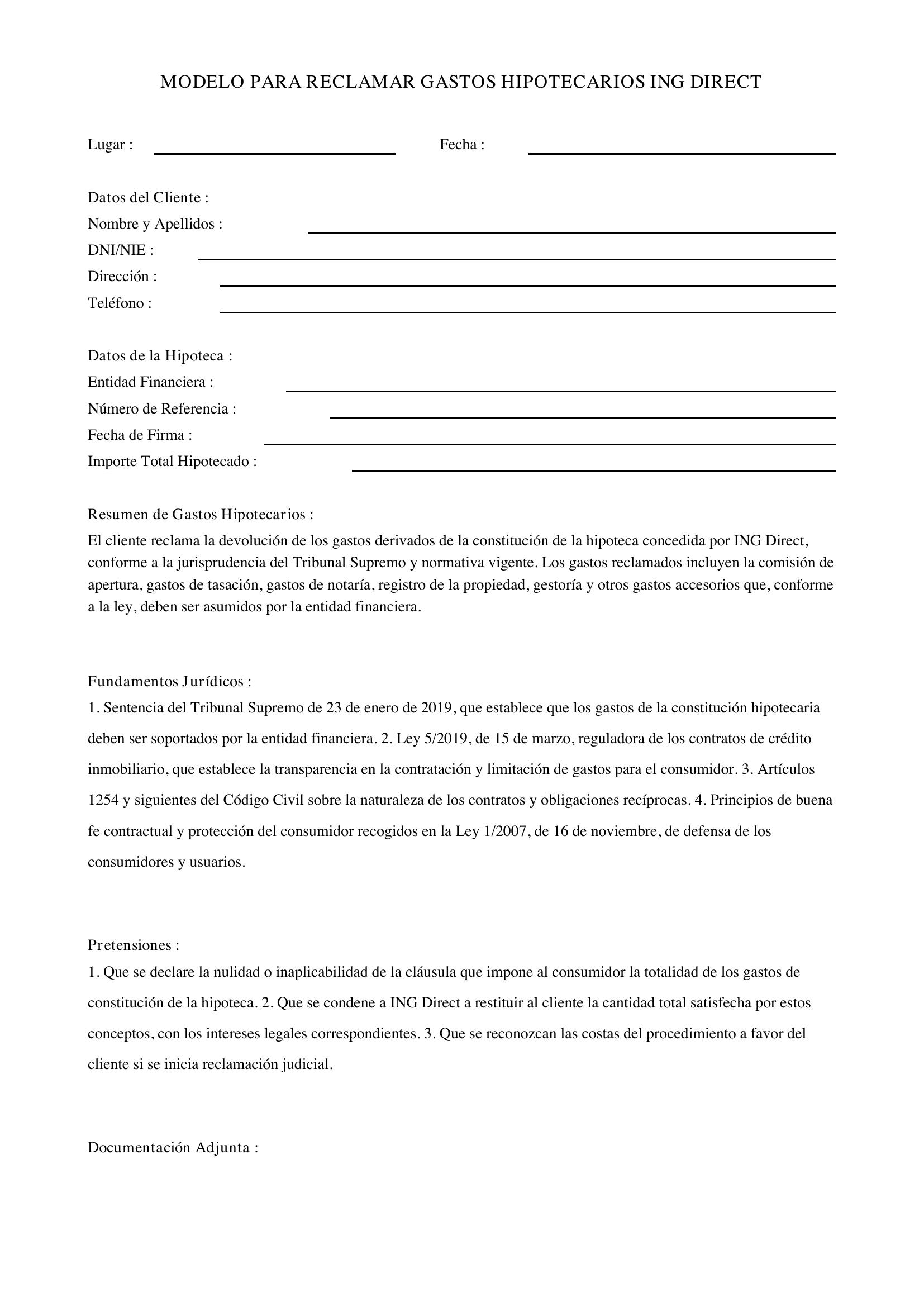 Modelo Para Reclamar Gastos Hipotecarios Ing Direct