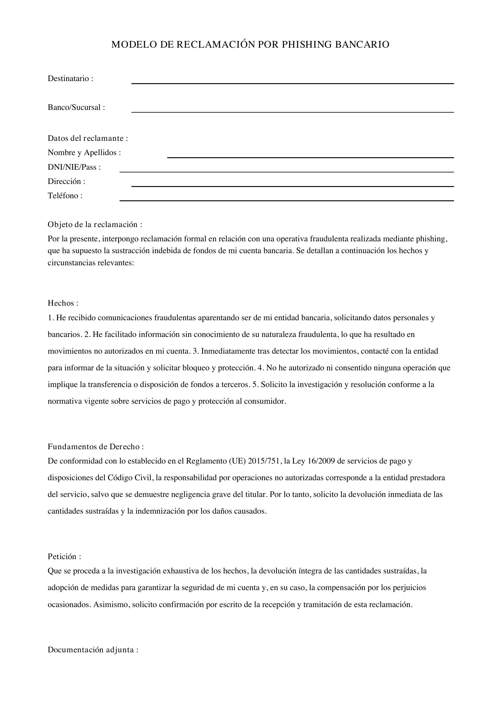 Modelo Reclamación Al Banco Por Phishing