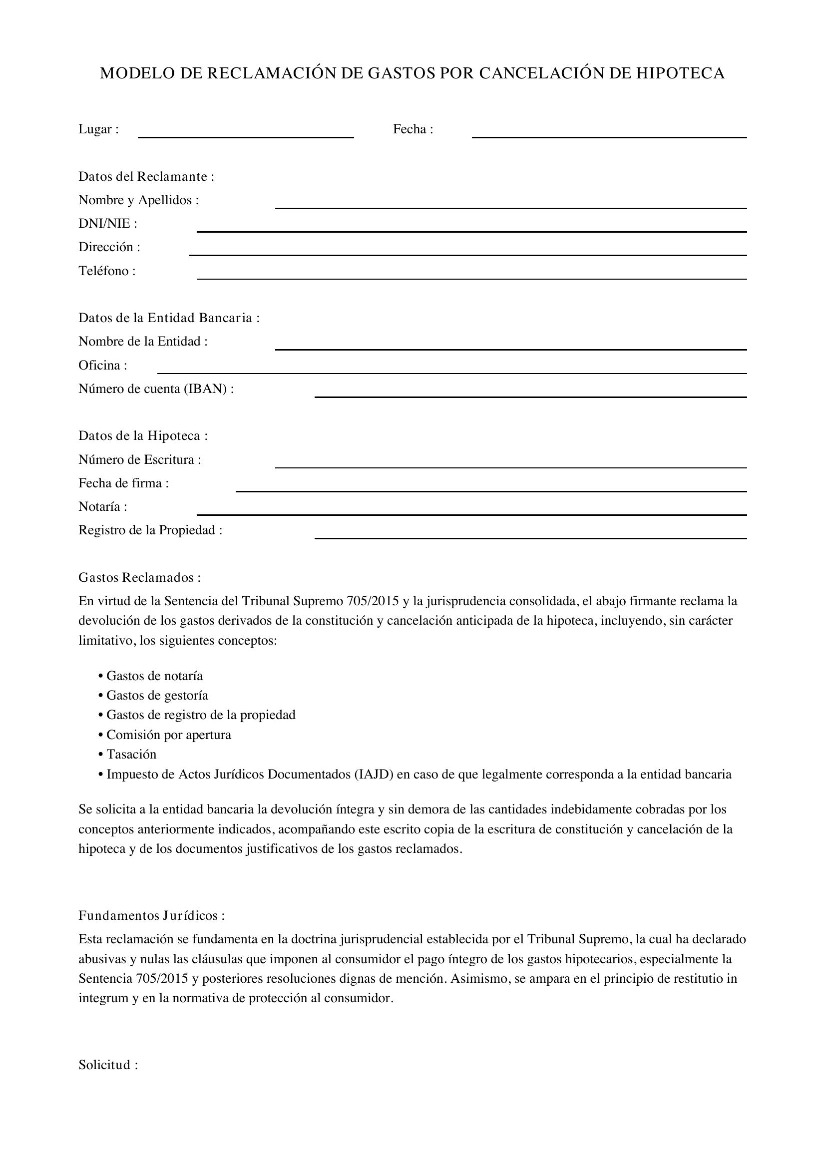 Modelo Reclamación Gastos Cancelación Hipoteca