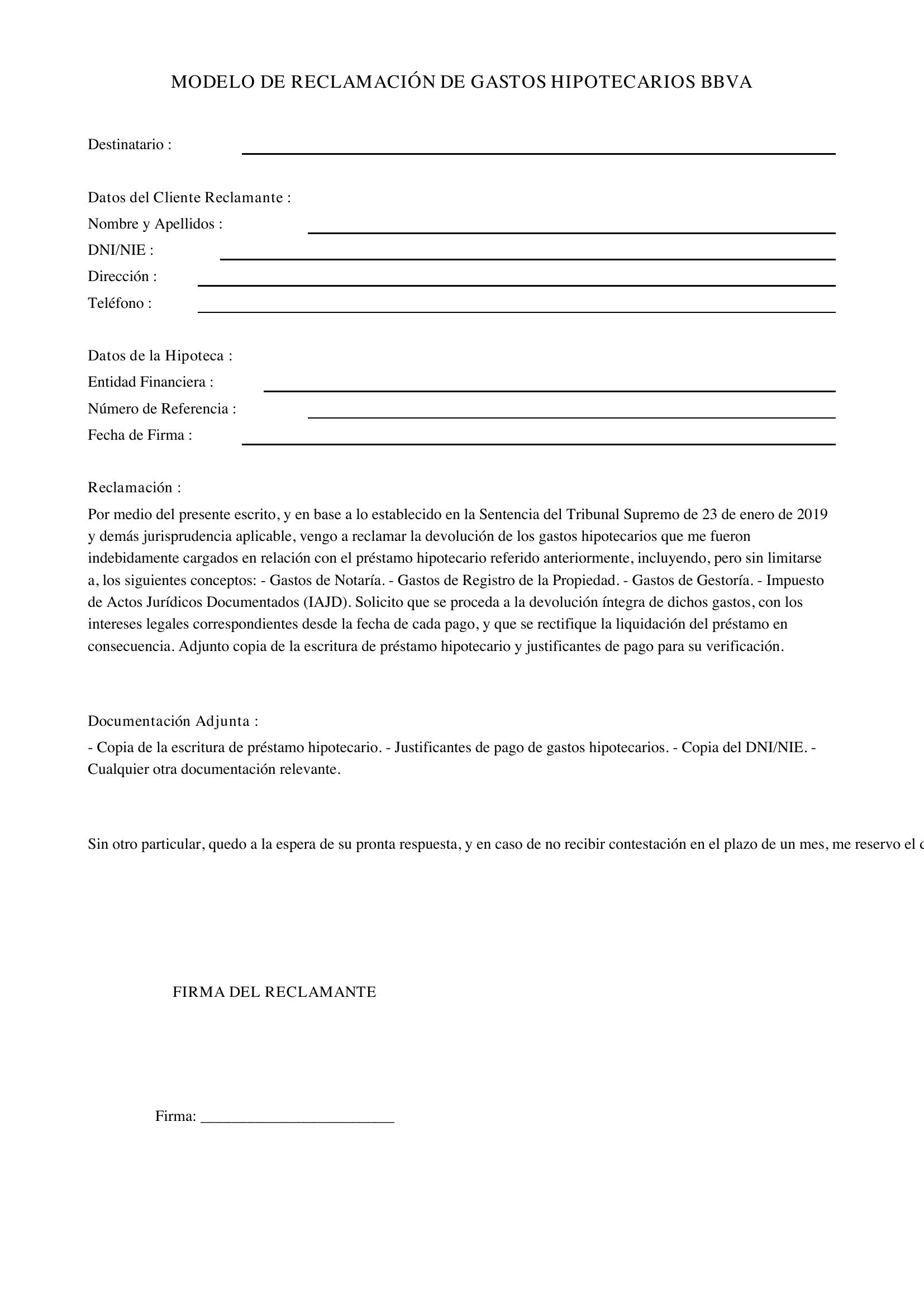 Modelo Reclamación Gastos Hipoteca Bbva