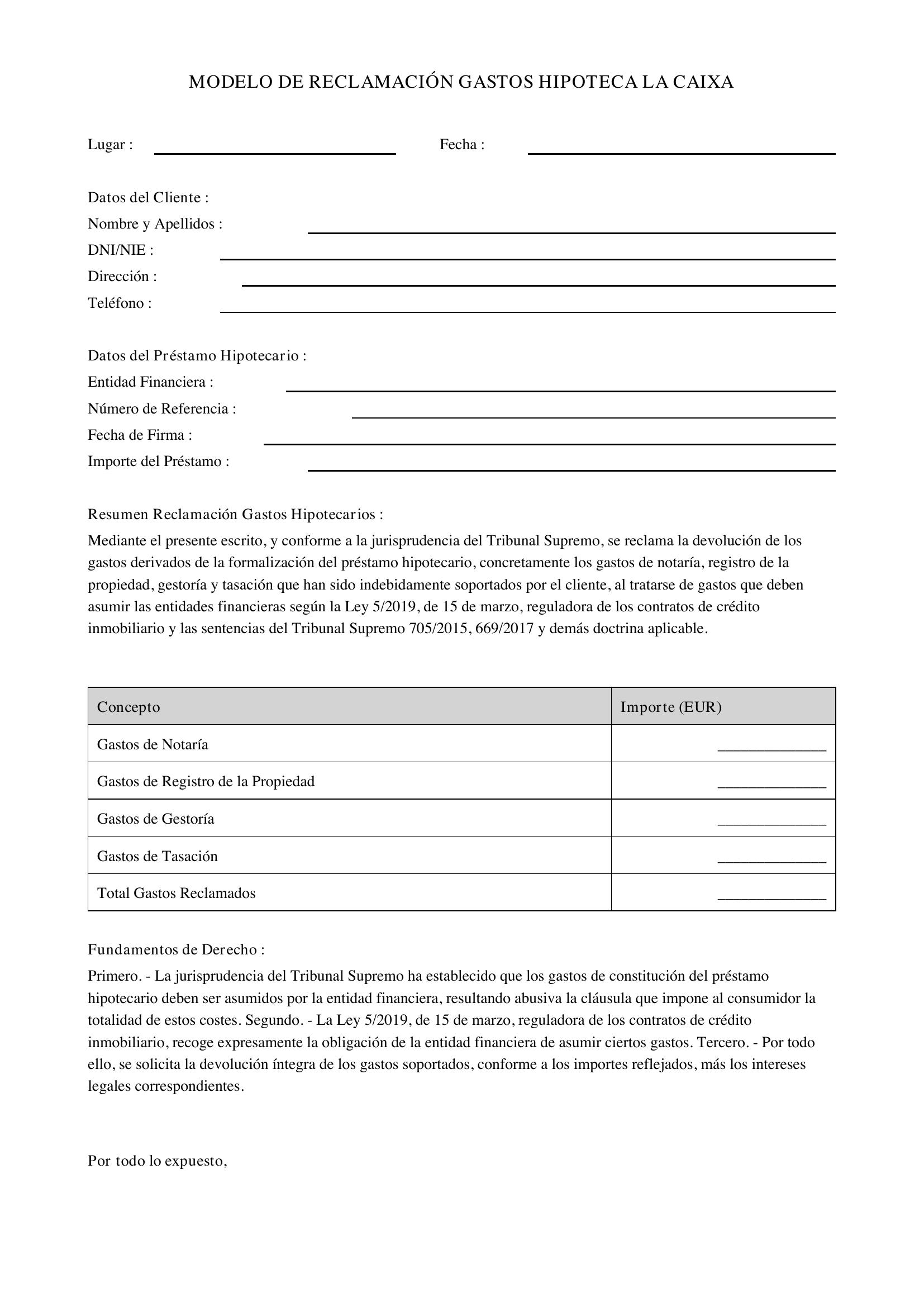Modelo Reclamación Gastos Hipoteca La Caixa