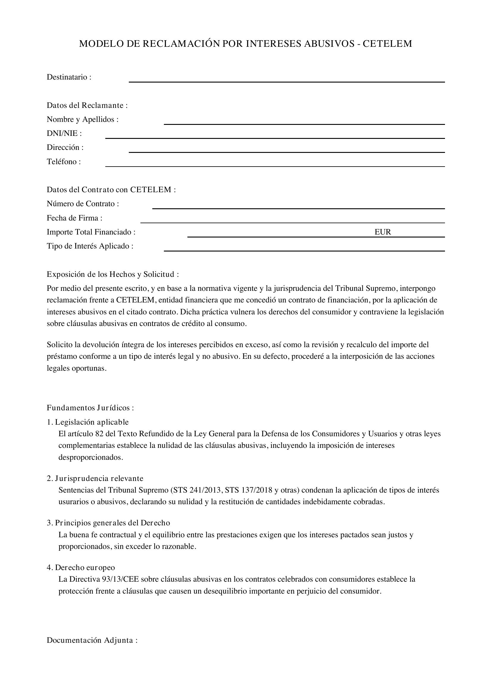 Modelo Reclamación Intereses Abusivos Cetelem