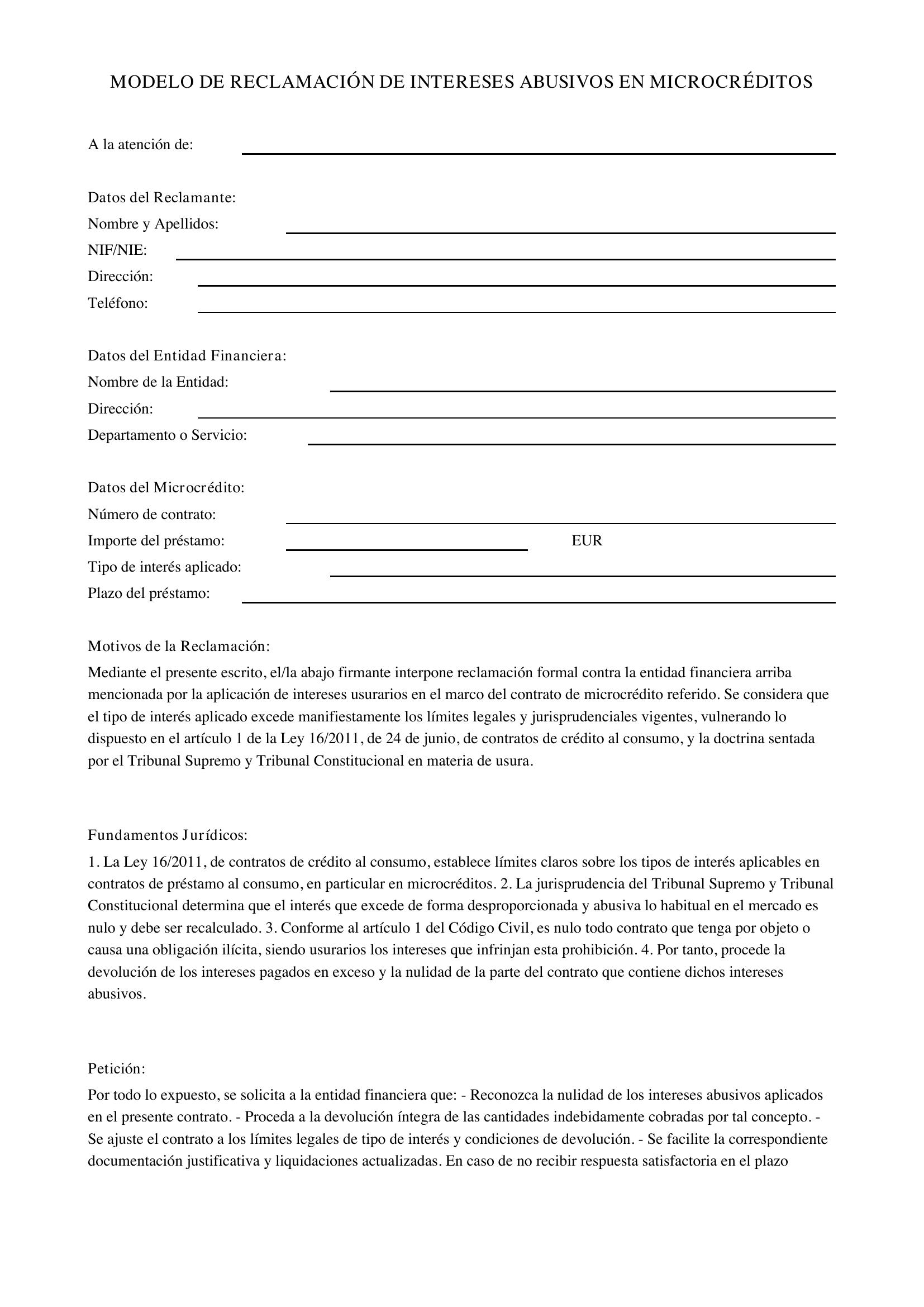 Modelo Reclamación Intereses Abusivos Microcréditos