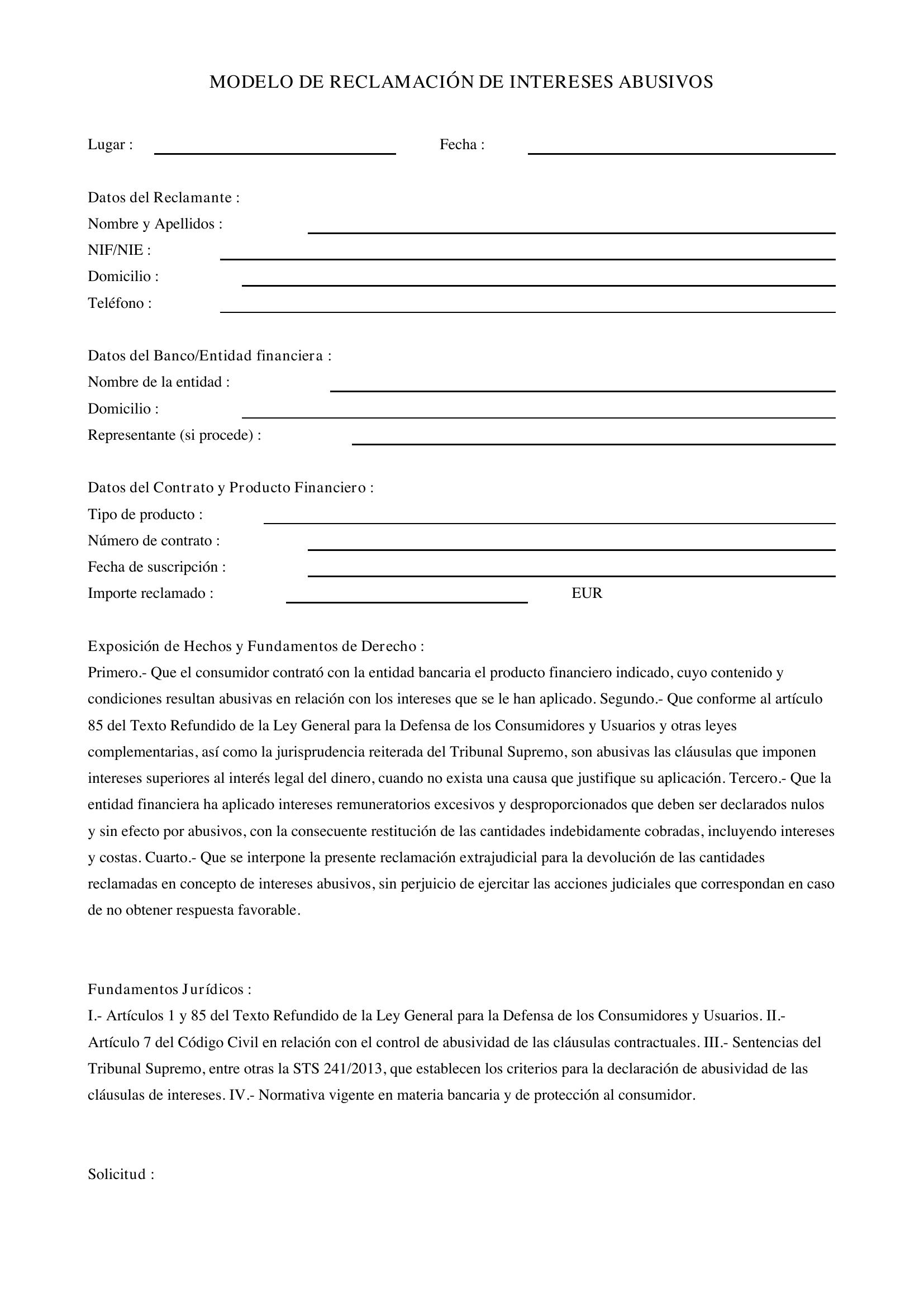 Modelo Reclamación Intereses Abusivos