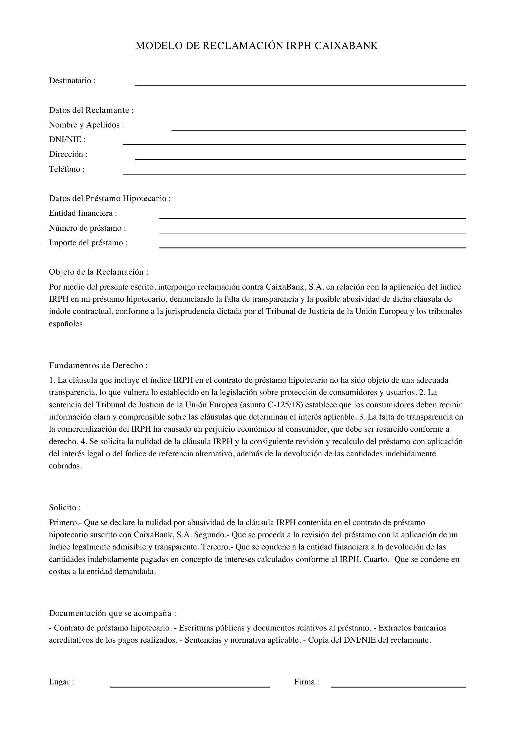Modelo Reclamación Irph Caixabank