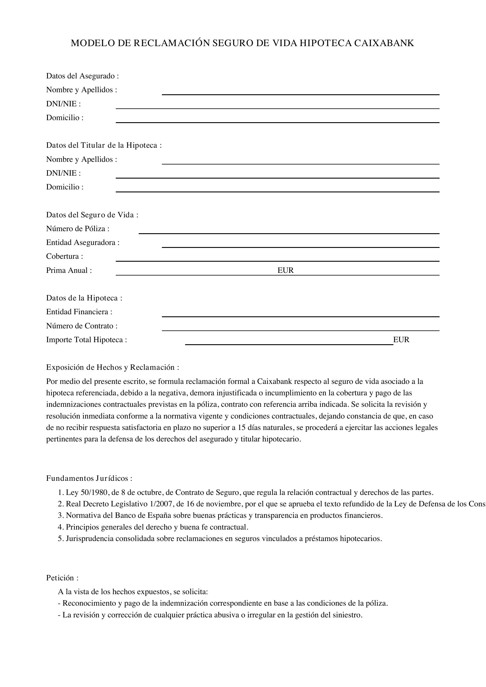 Modelo Reclamación Seguro Vida Hipoteca Caixabank