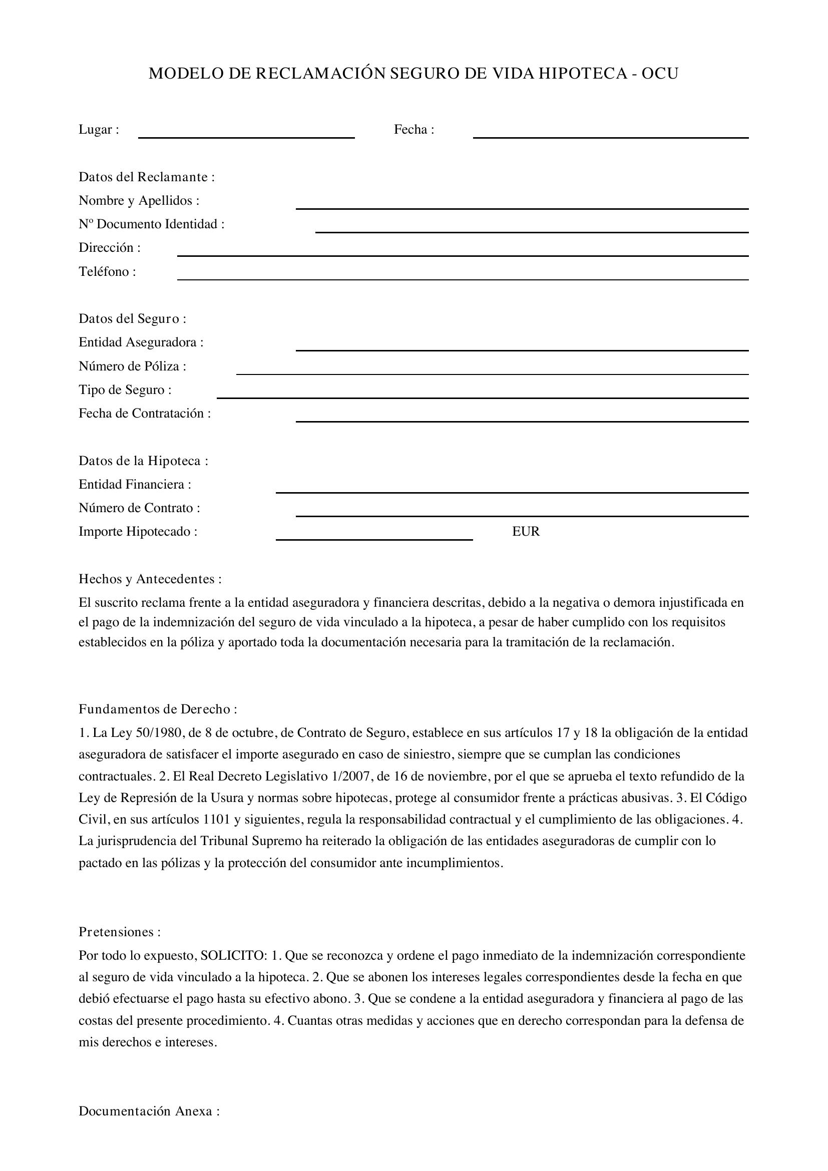 Modelo Reclamación Seguro Vida Hipoteca Ocu