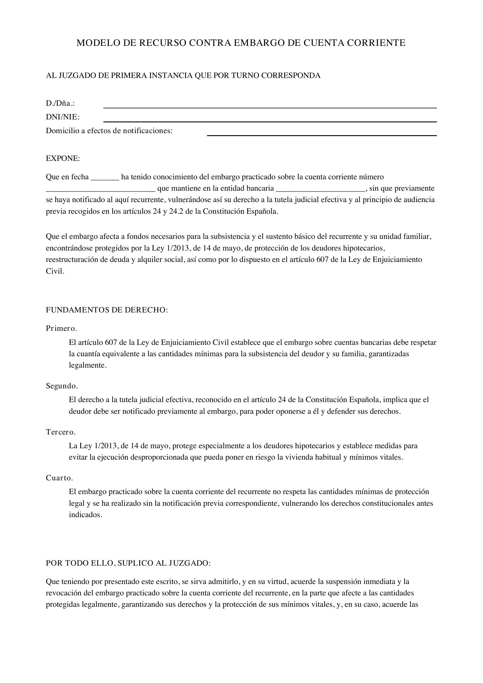 Modelo Recurso Contra Embargo De Cuenta Corriente