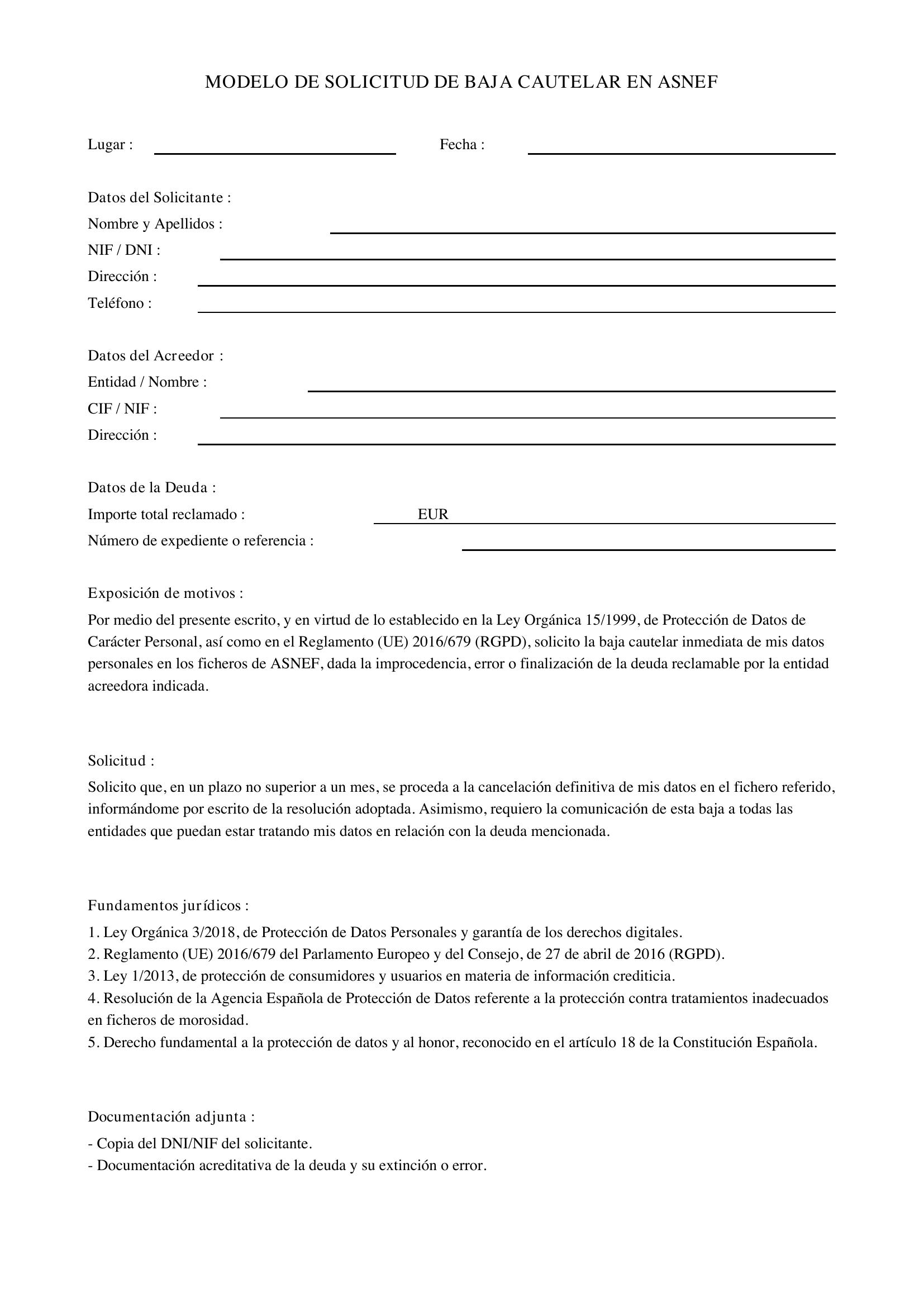 Modelo Solicitud Baja Cautelar Asnef